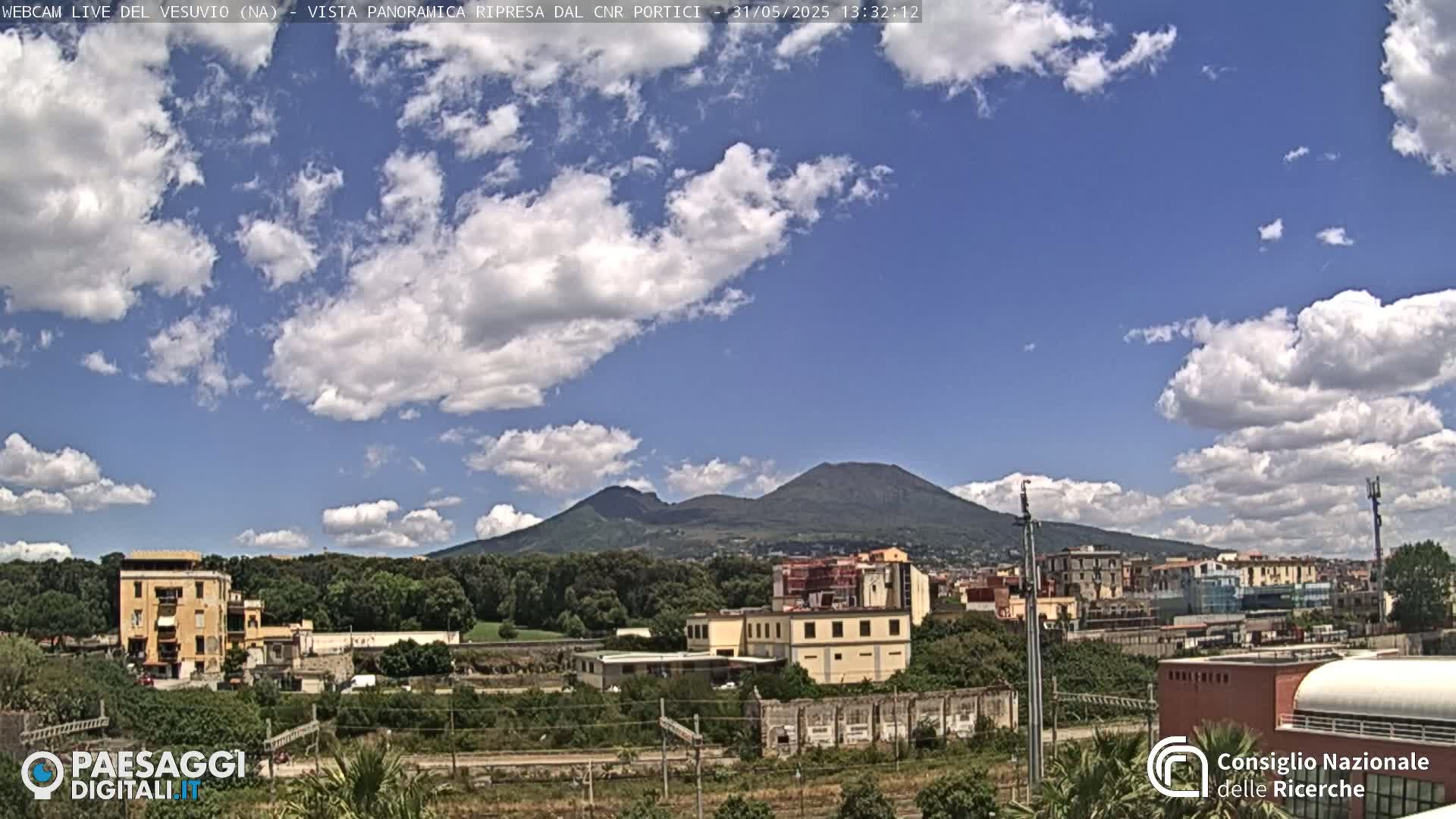 A partly cloudy day reveals a view of Mount Vesuvius in the distance, overlooking a cityscape and surrounding greenery.