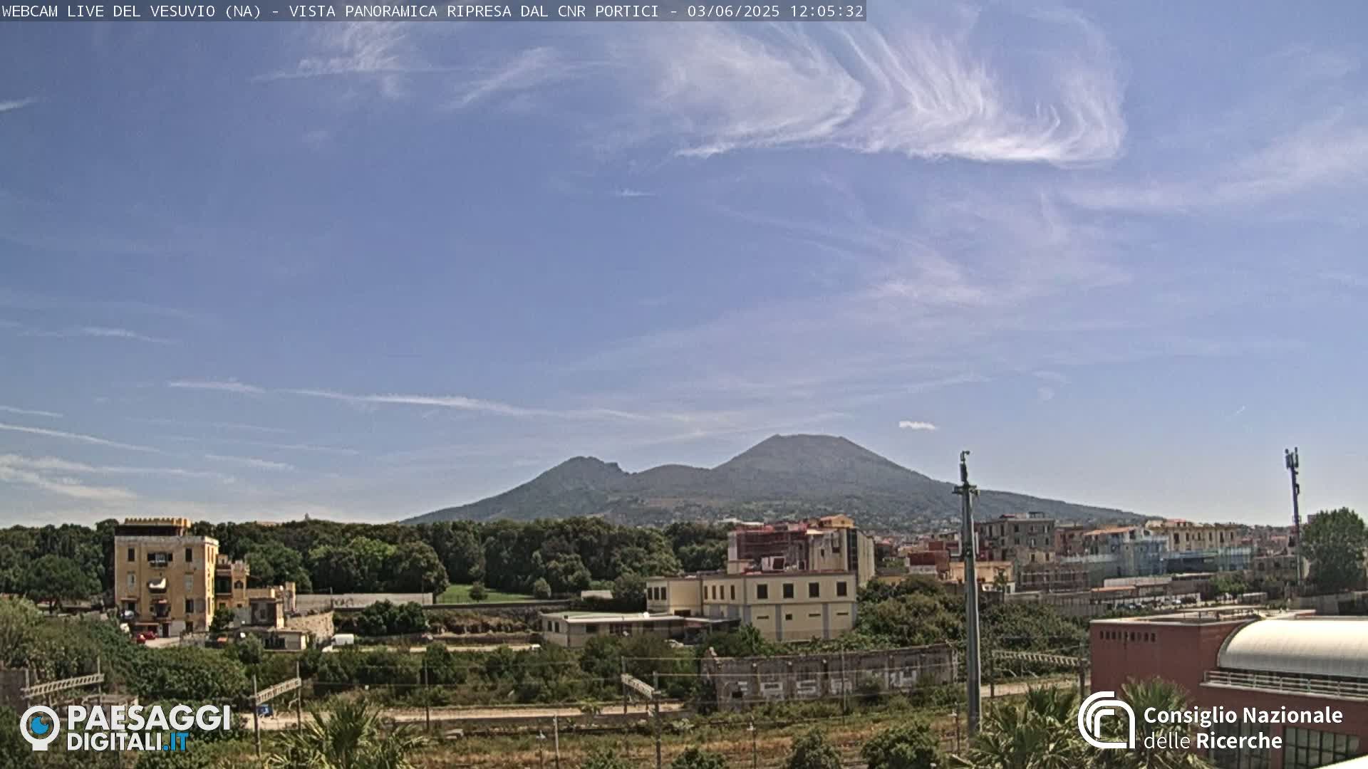 Mount Vesuvius is visible in the distance under a mostly clear sky with wispy clouds.