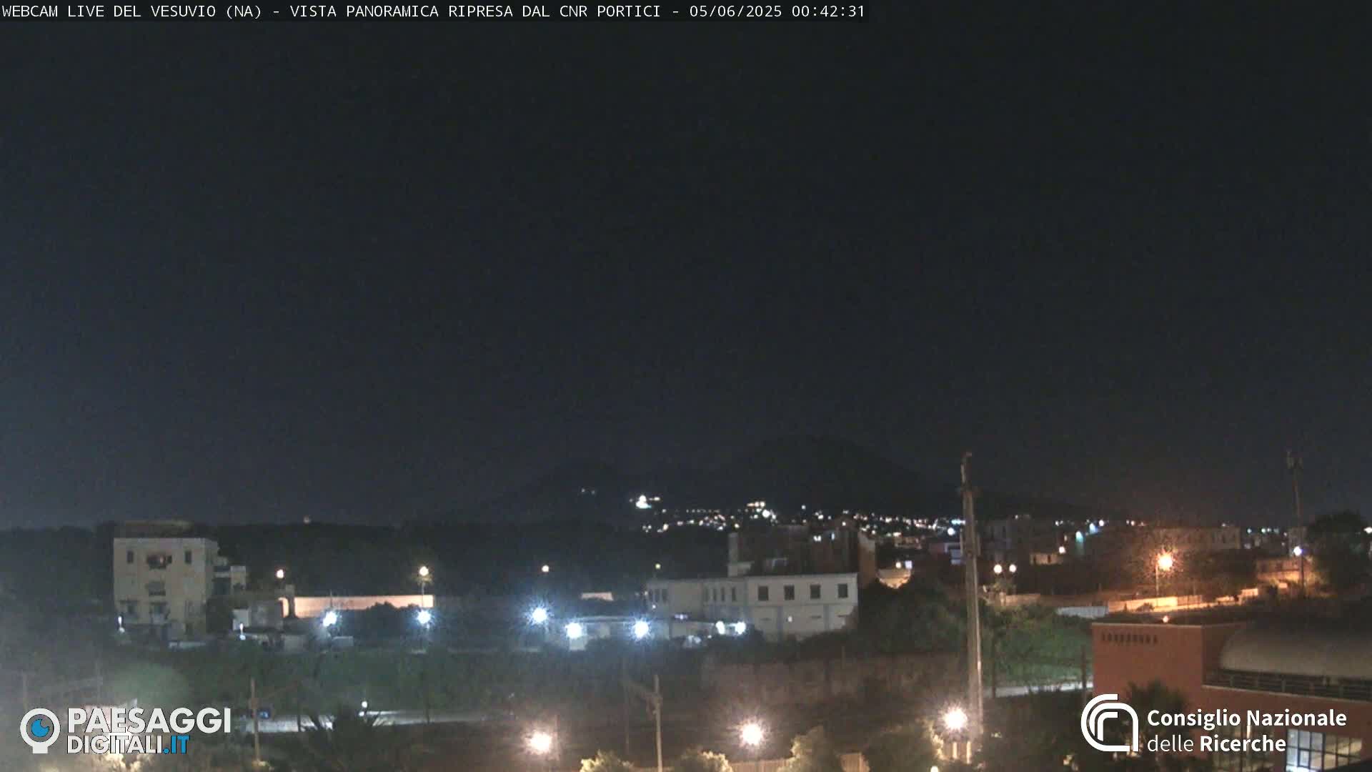 A nighttime, long shot of a city landscape with a hill in the distance under a clear, dark sky.
