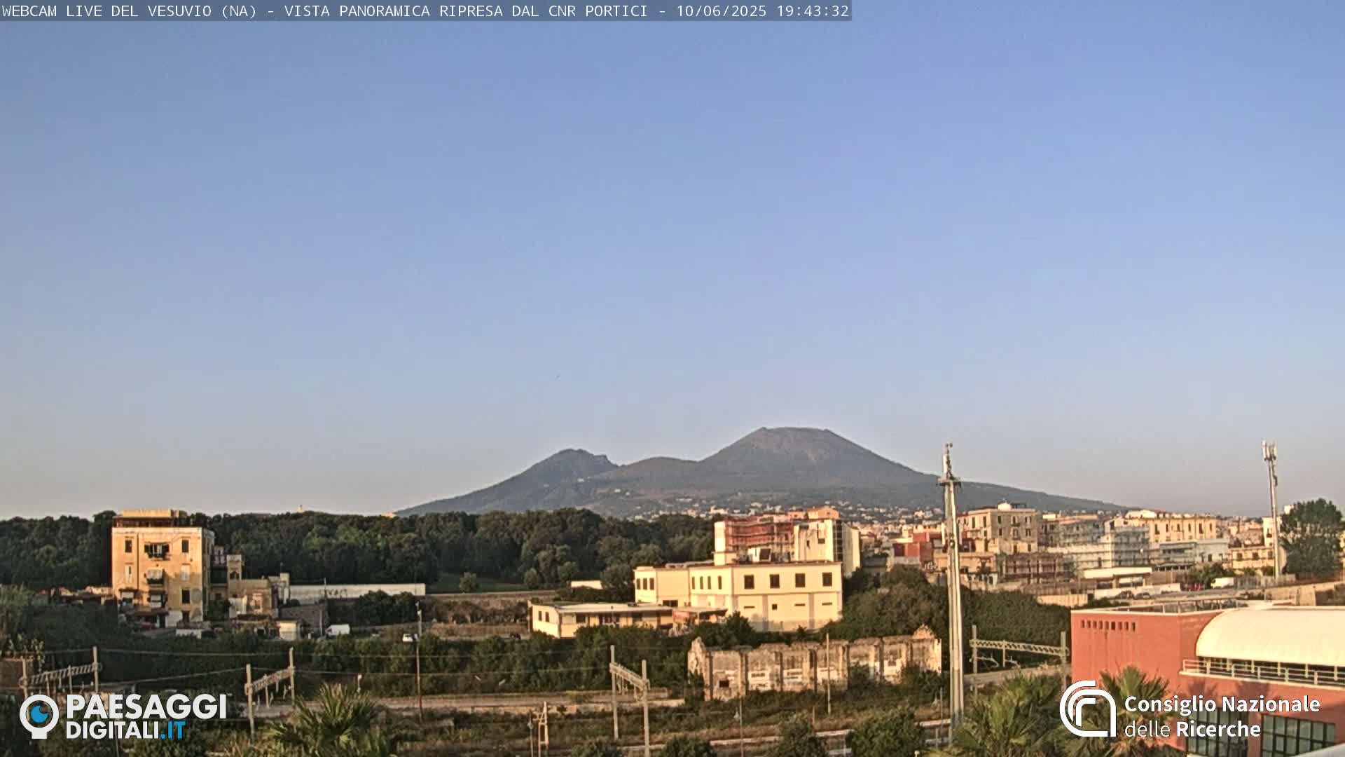 Mount Vesuvius is visible in the distance under a clear, light-blue sky above a cityscape and green vegetation.