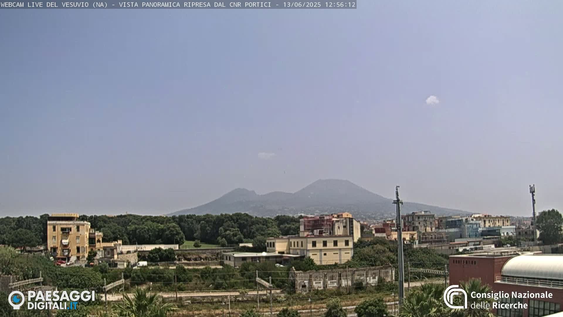 A distant, hazy view of Mount Vesuvius under a mostly clear sky, overlooking a flat landscape of buildings and trees.