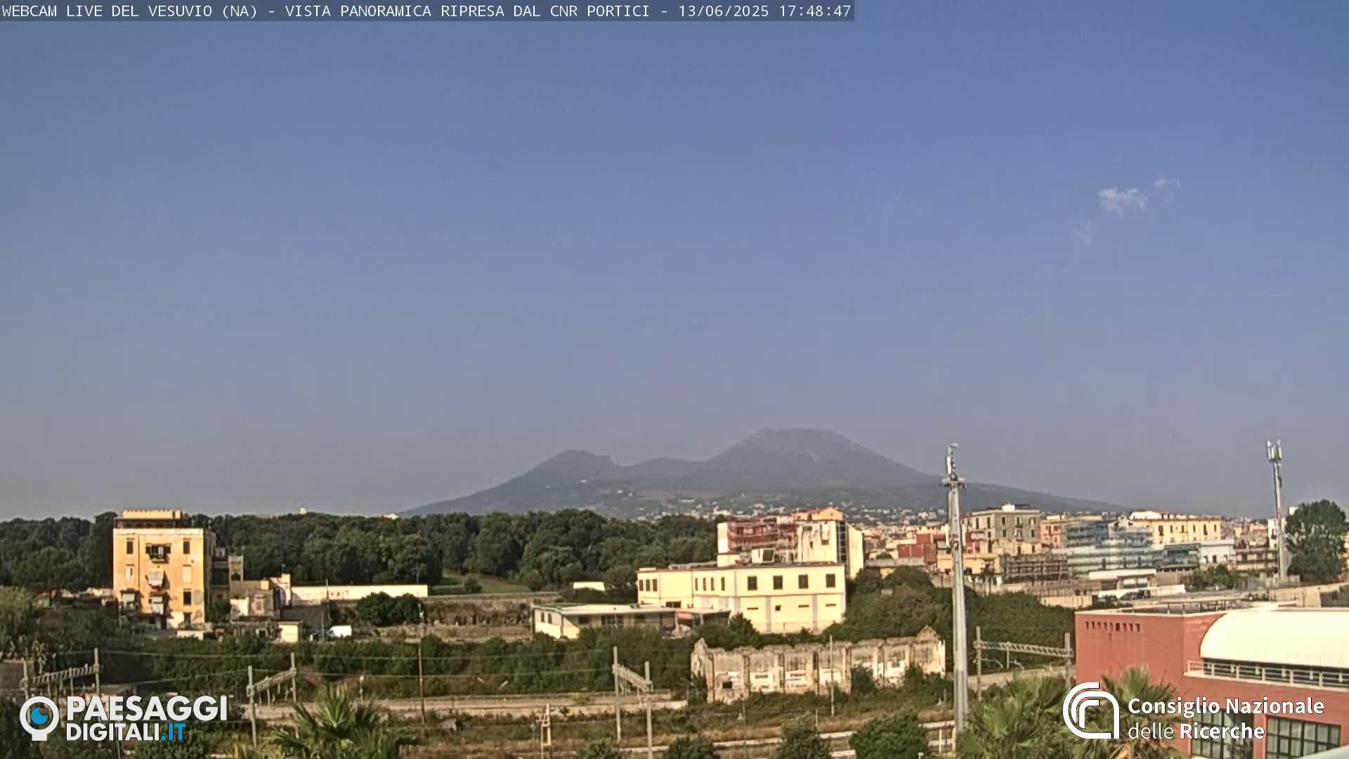 A view of Mount Vesuvius in the distance, under a clear sky, overlooking a town with buildings and green spaces.