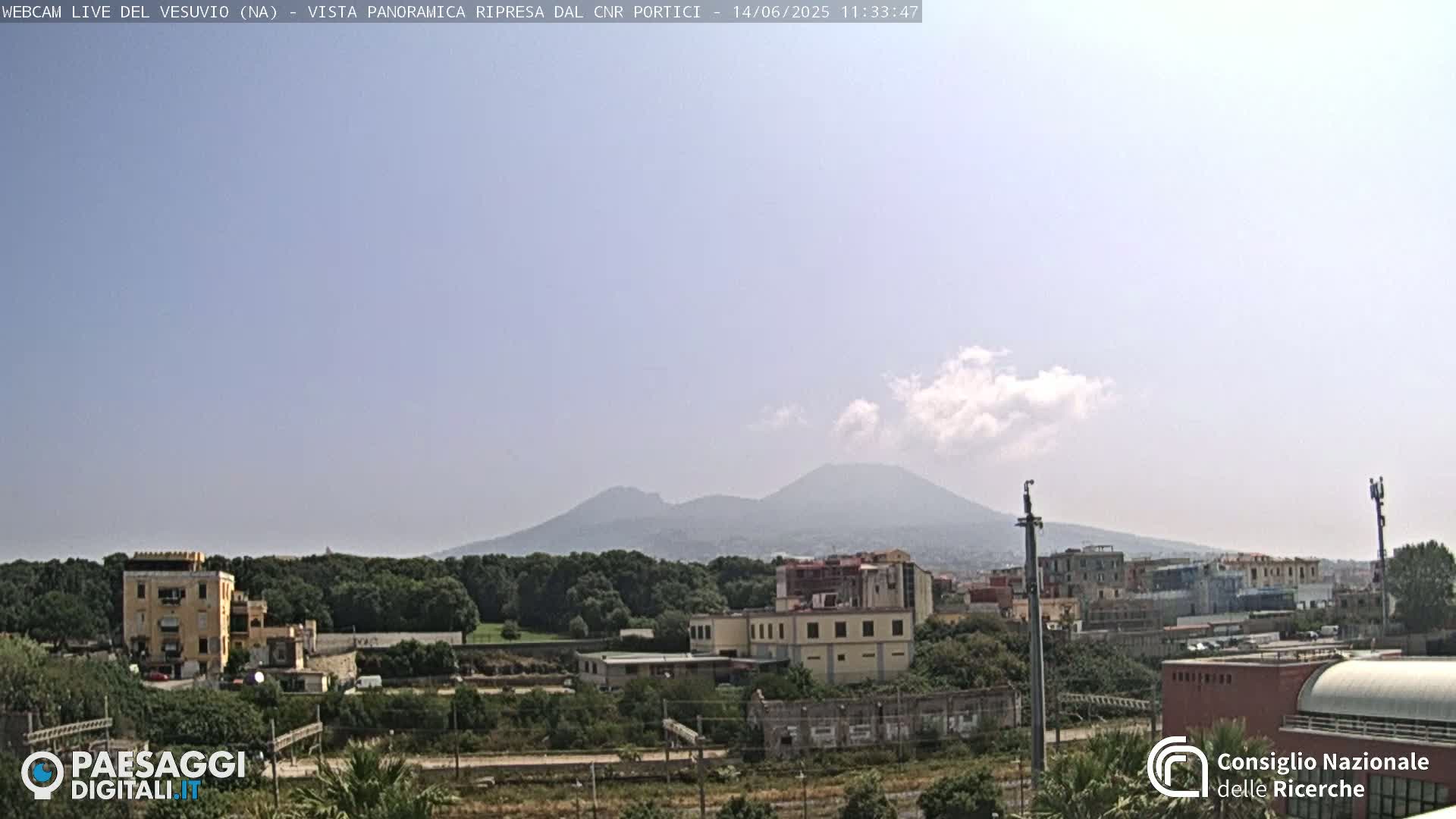 A hazy, sunny day reveals Mount Vesuvius in the distance, overlooking a town with buildings and trees in the foreground.