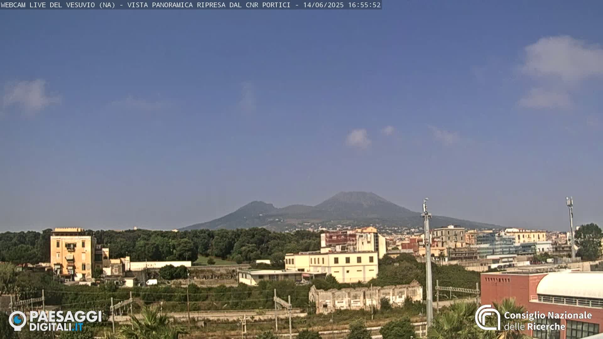 Mount Vesuvius is visible in the distance under a mostly clear, light blue sky, behind a cityscape of low-rise buildings and greenery.