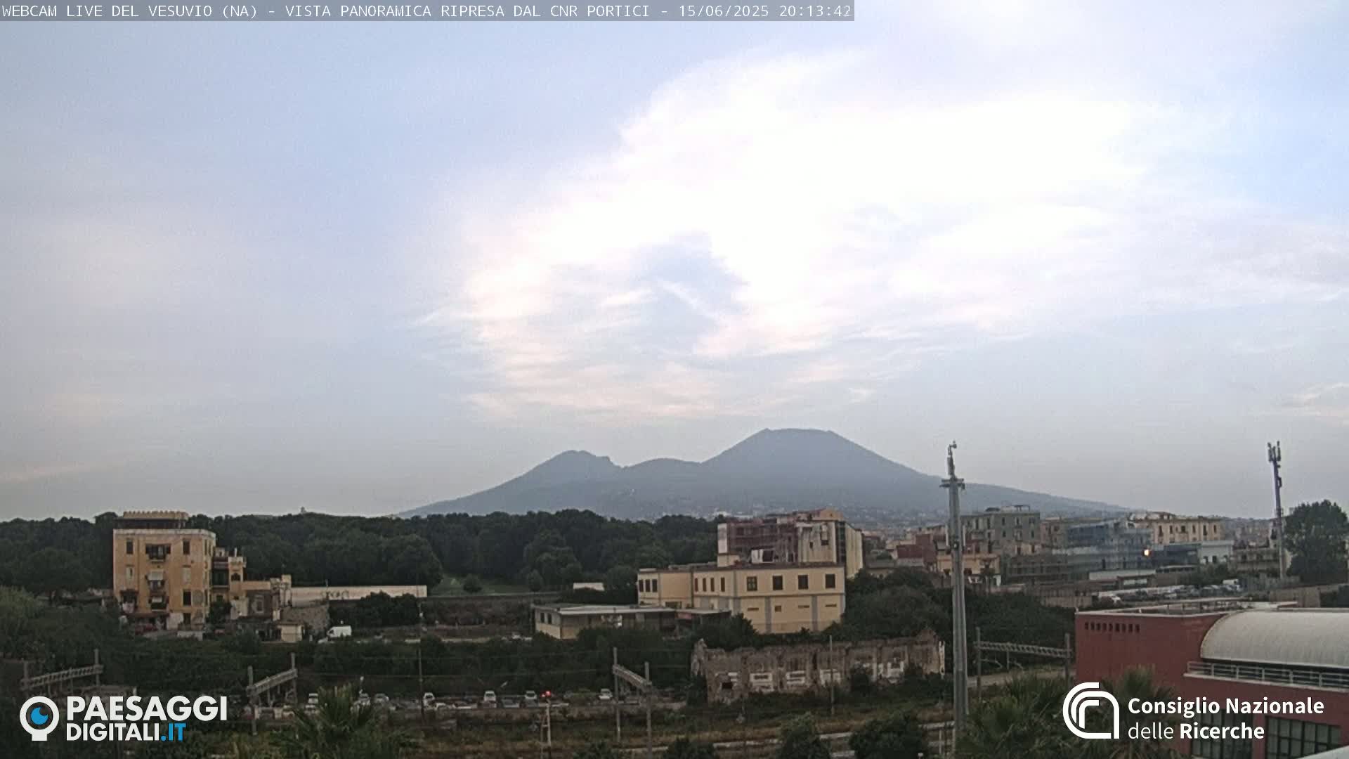 A distant, hazy view of Mount Vesuvius is visible over a cityscape under a partly cloudy sky.