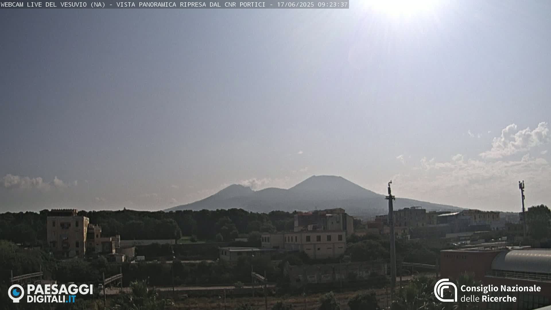 A hazy, sunny day reveals a distant view of Mount Vesuvius behind a cityscape and greenery.