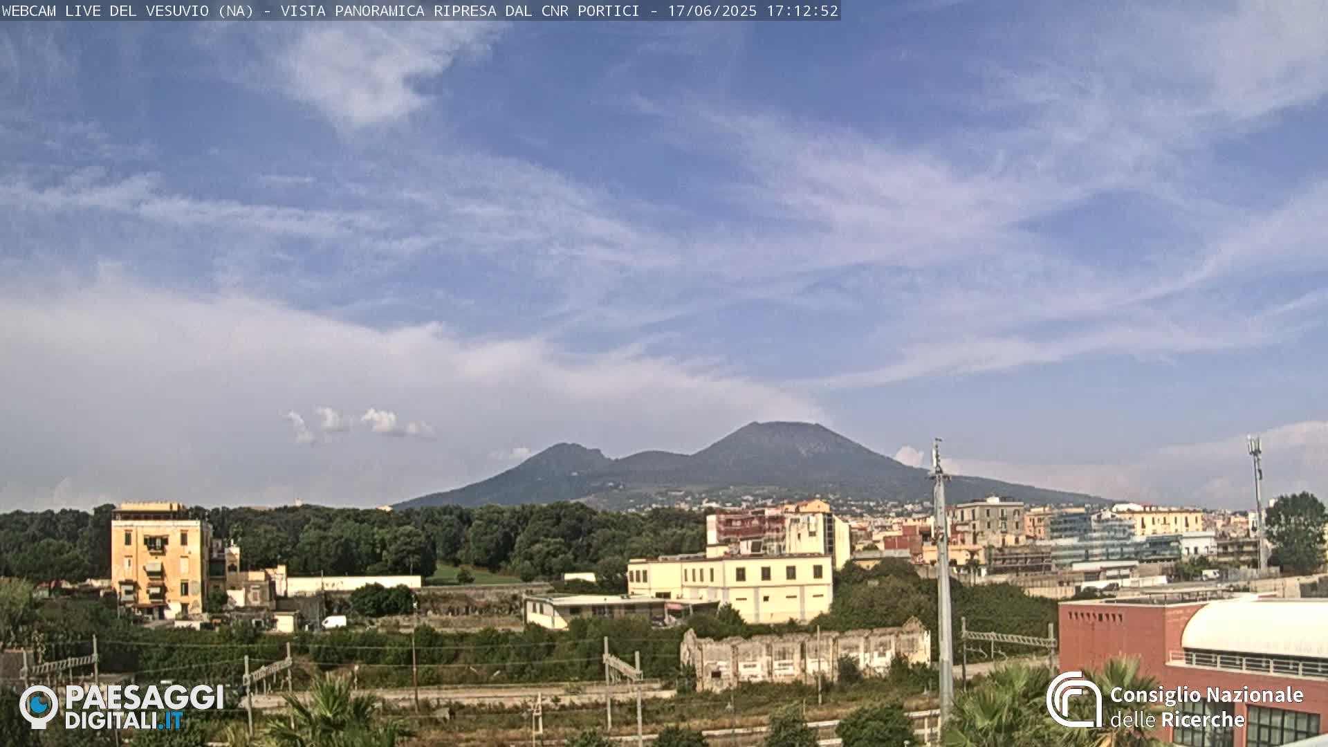 A view of Mount Vesuvius in the distance under a partly cloudy sky, with buildings and greenery in the foreground.