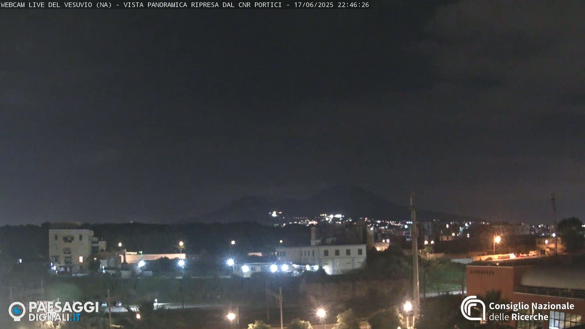 A nighttime panoramic view of a city with a volcano in the distance under a dark, mostly clear sky.