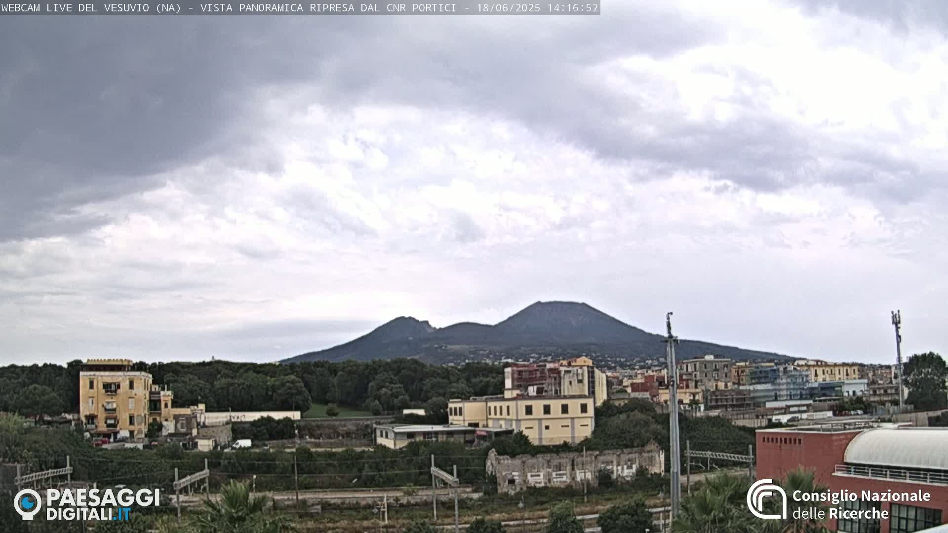 Mount Vesuvius is visible in the distance under a partly cloudy sky, with buildings and vegetation in the foreground.