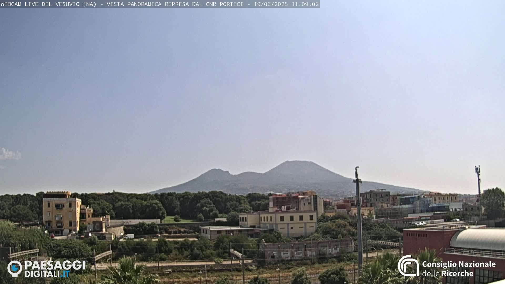 A distant view of Mount Vesuvius under a clear, light-blue sky, overlooking a town with buildings and lush green vegetation.