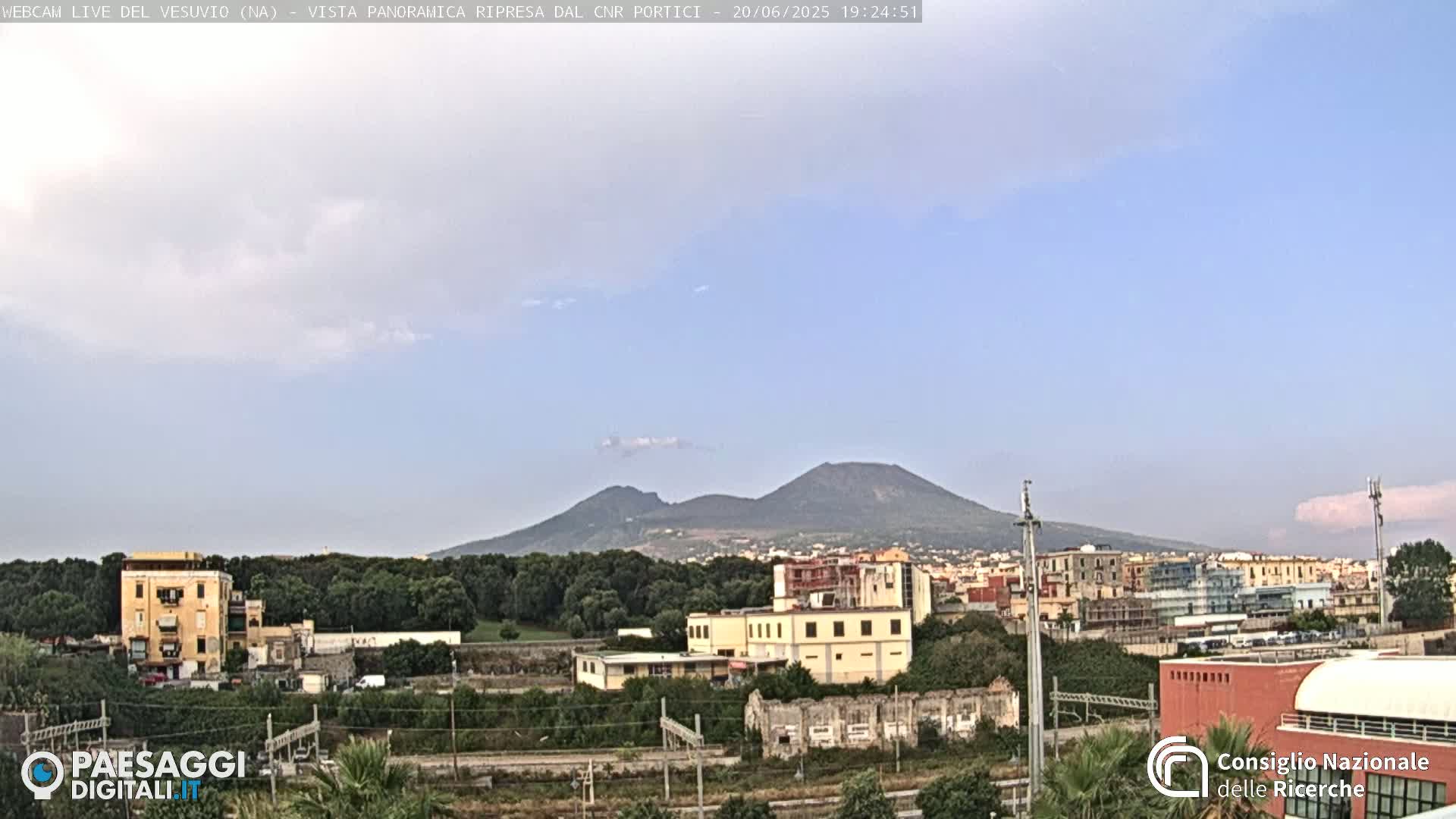 A view of Mount Vesuvius in the distance, under a mostly clear sky with a few wispy clouds, overlooking a cityscape with buildings and trees in the foreground.