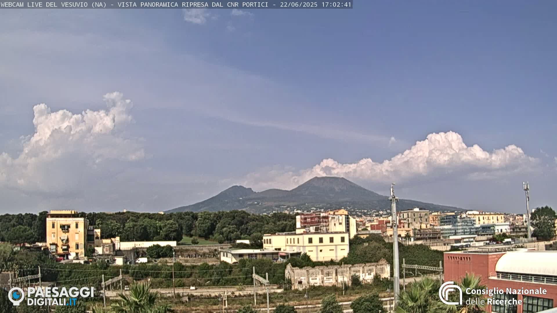 A partly cloudy day shows Mount Vesuvius in the distance, overlooking a cityscape with buildings and vegetation.