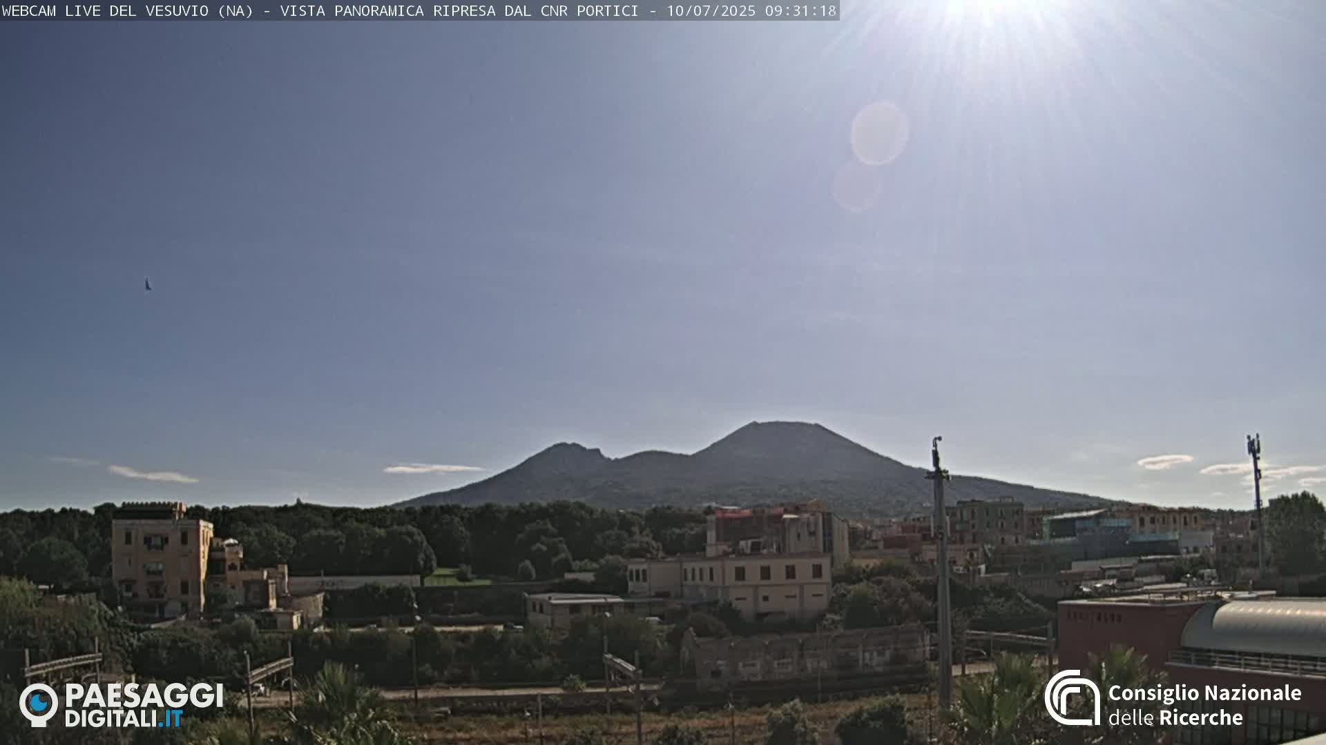 A sunny day reveals Mount Vesuvius in the distance, overlooking a town with buildings and greenery.