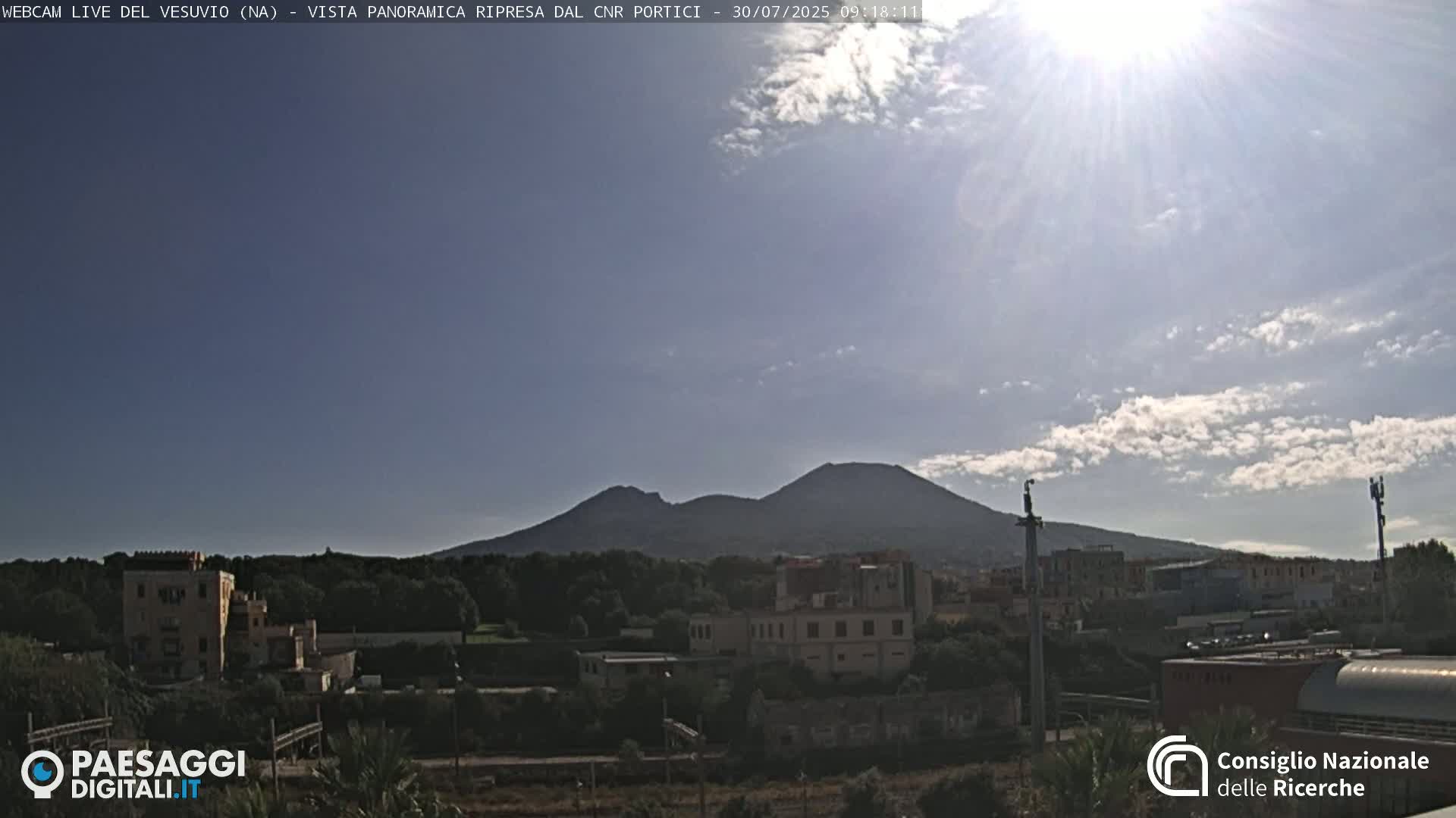 Mount Vesuvius is visible in the distance under a partly sunny sky, behind a town with buildings and trees.