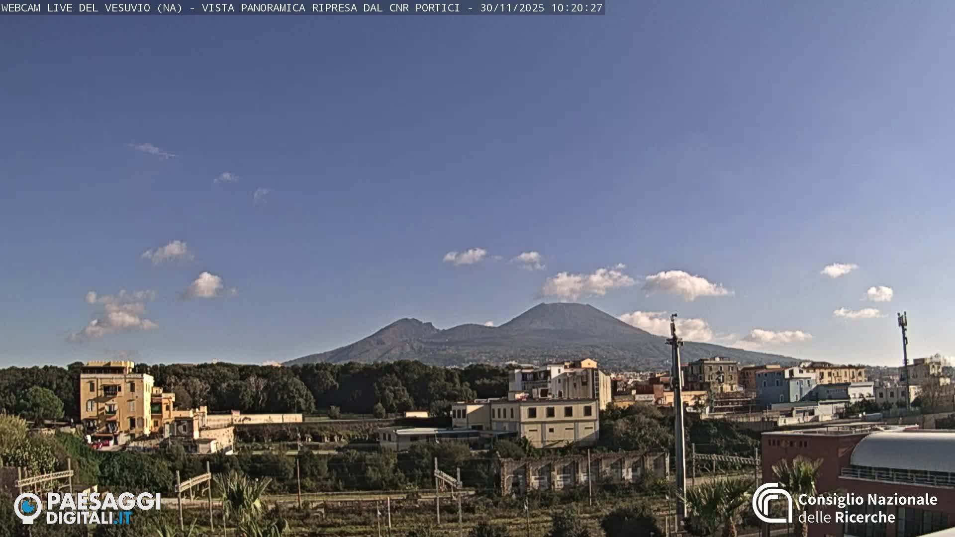 Under a clear blue sky dotted with white clouds, the distant, dual peaks of Mount Vesuvius rise above a residential and industrial landscape featuring various buildings and dense greenery bathed in sunlight.