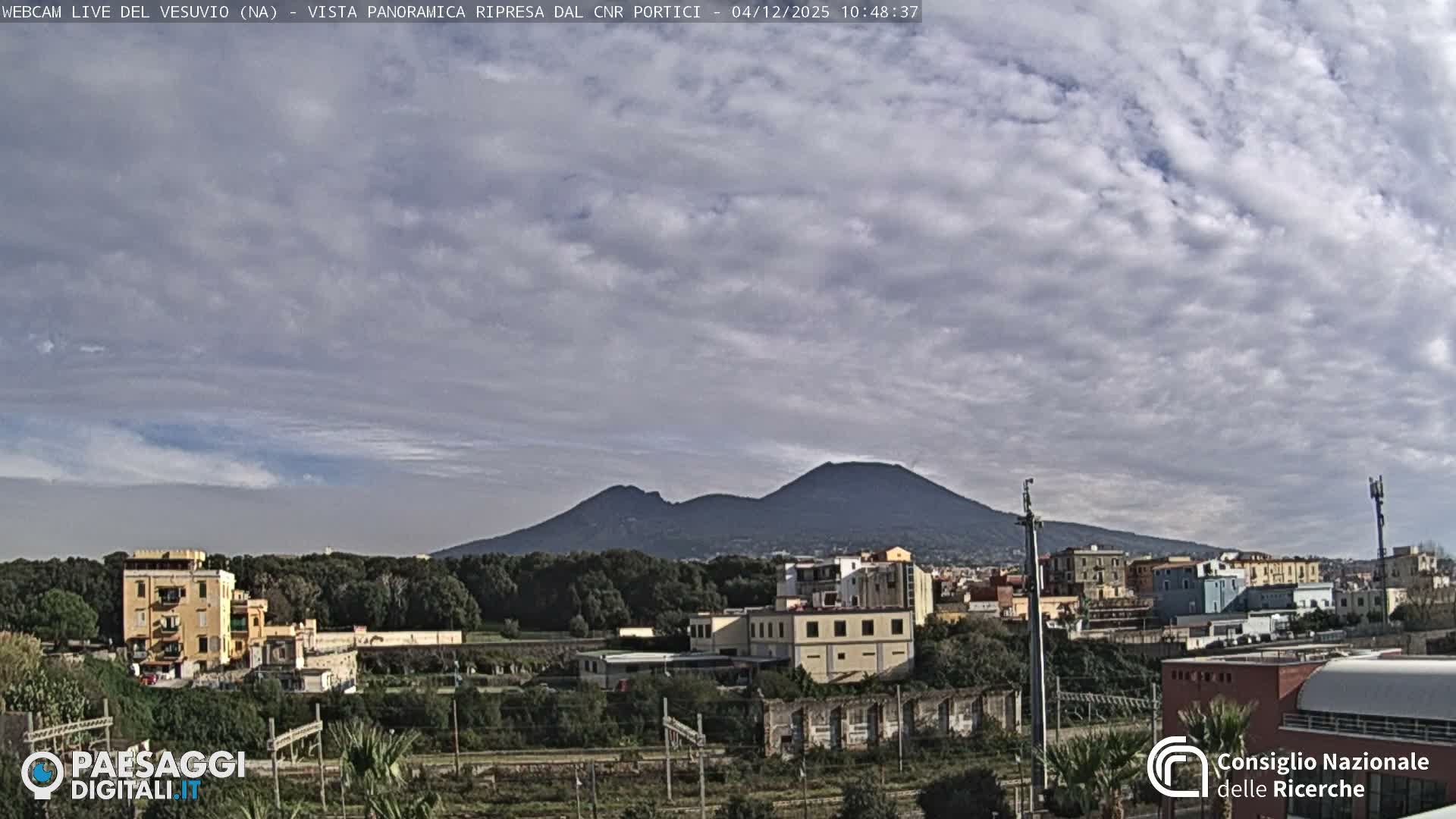 A panoramic view reveals the distinct silhouette of Mount Vesuvius towering over a coastal town featuring a mix of residential and industrial buildings amidst green trees and what appears to be railway infrastructure, all under a heavily cloudy sky.