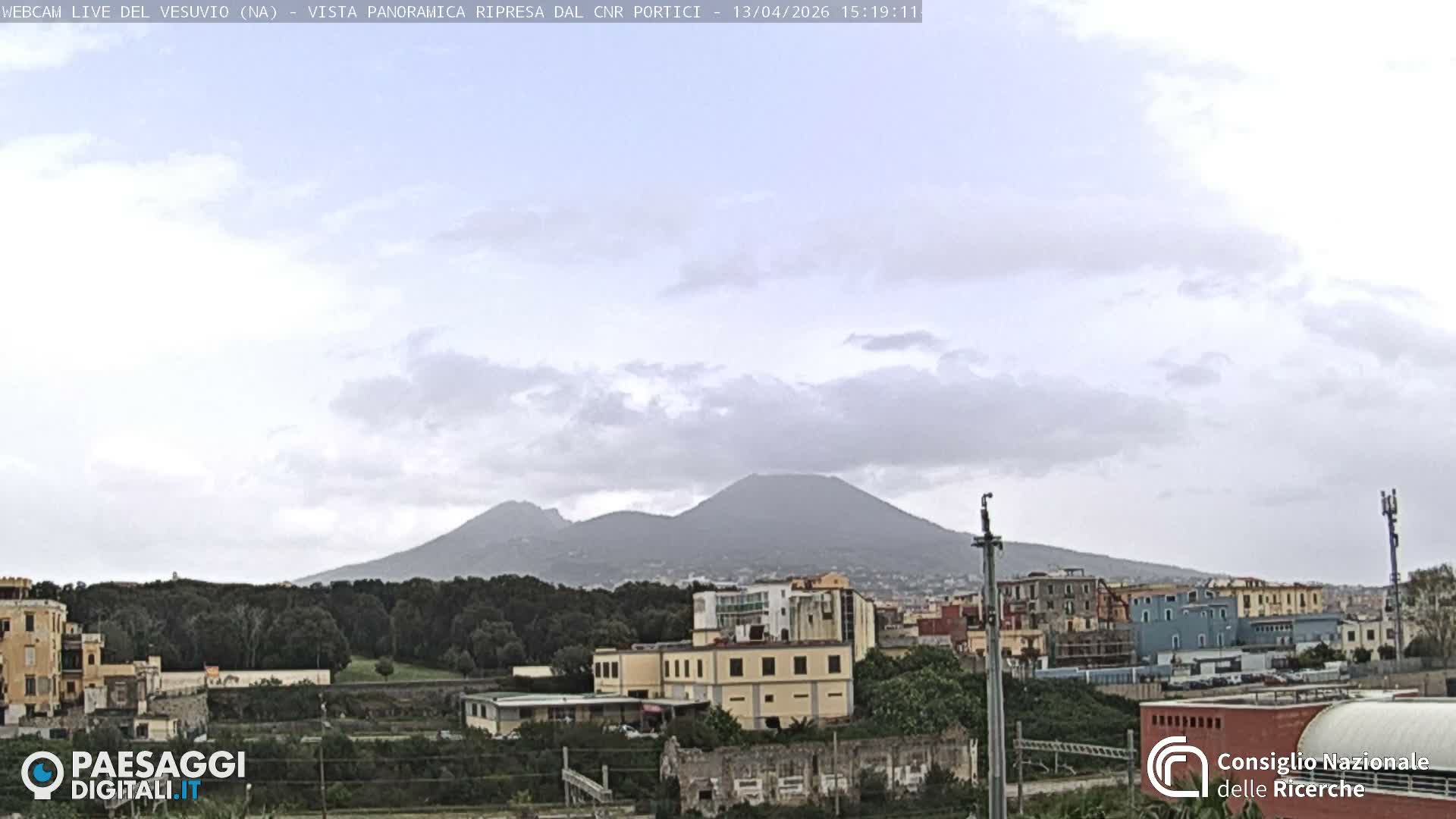 A panoramic view reveals the distinct silhouette of Mount Vesuvius towering over a coastal town featuring a mix of residential and industrial buildings amidst green trees and what appears to be railway infrastructure, all under a heavily cloudy sky.