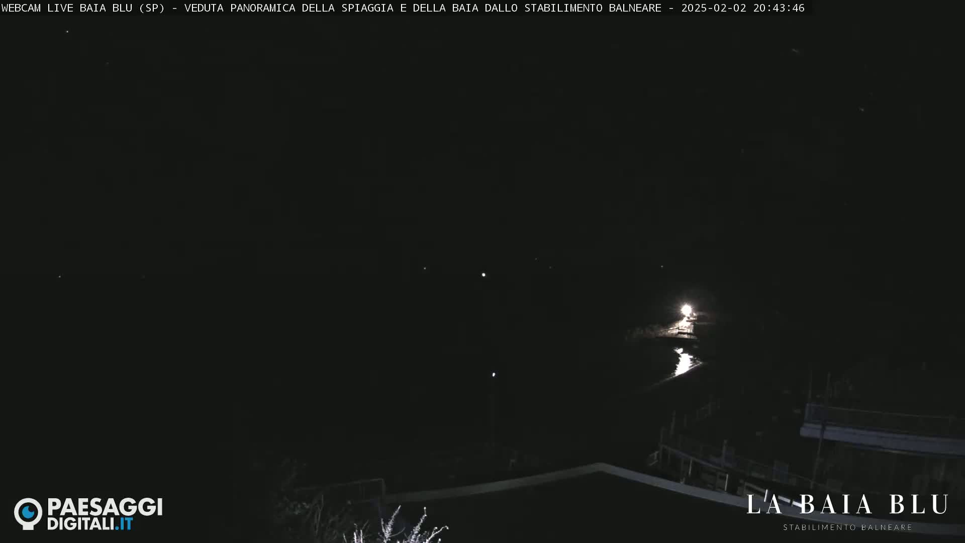 A nighttime, panoramic view of a dark bay with a few distant lights visible.