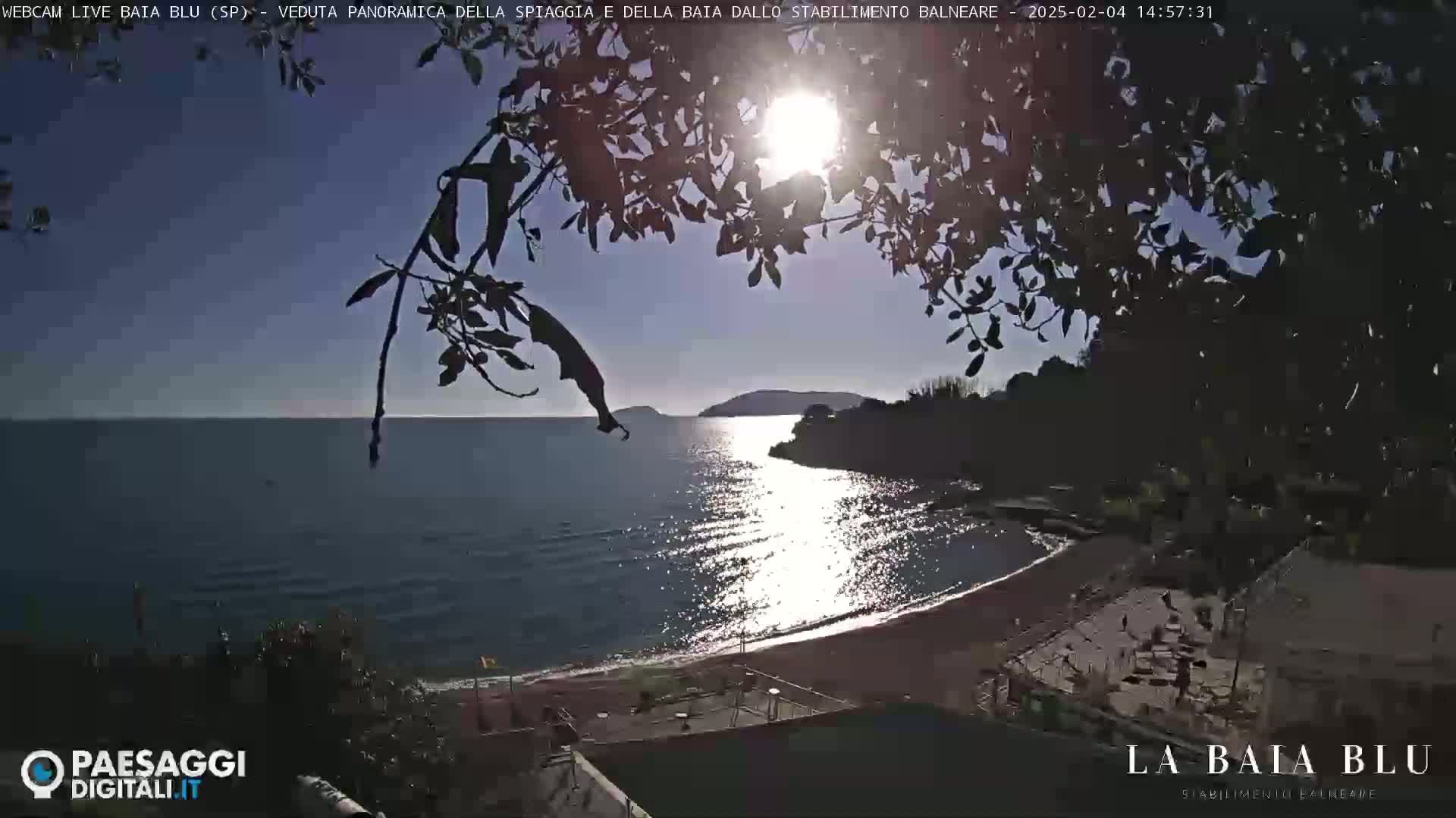 A sunny day shows a view of a calm bay with a sandy beach, partially obscured by silhouetted tree branches.