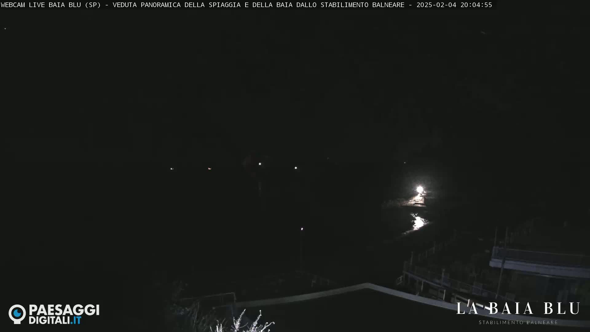 A nighttime, dark view of a beach and bay with a few distant lights visible.