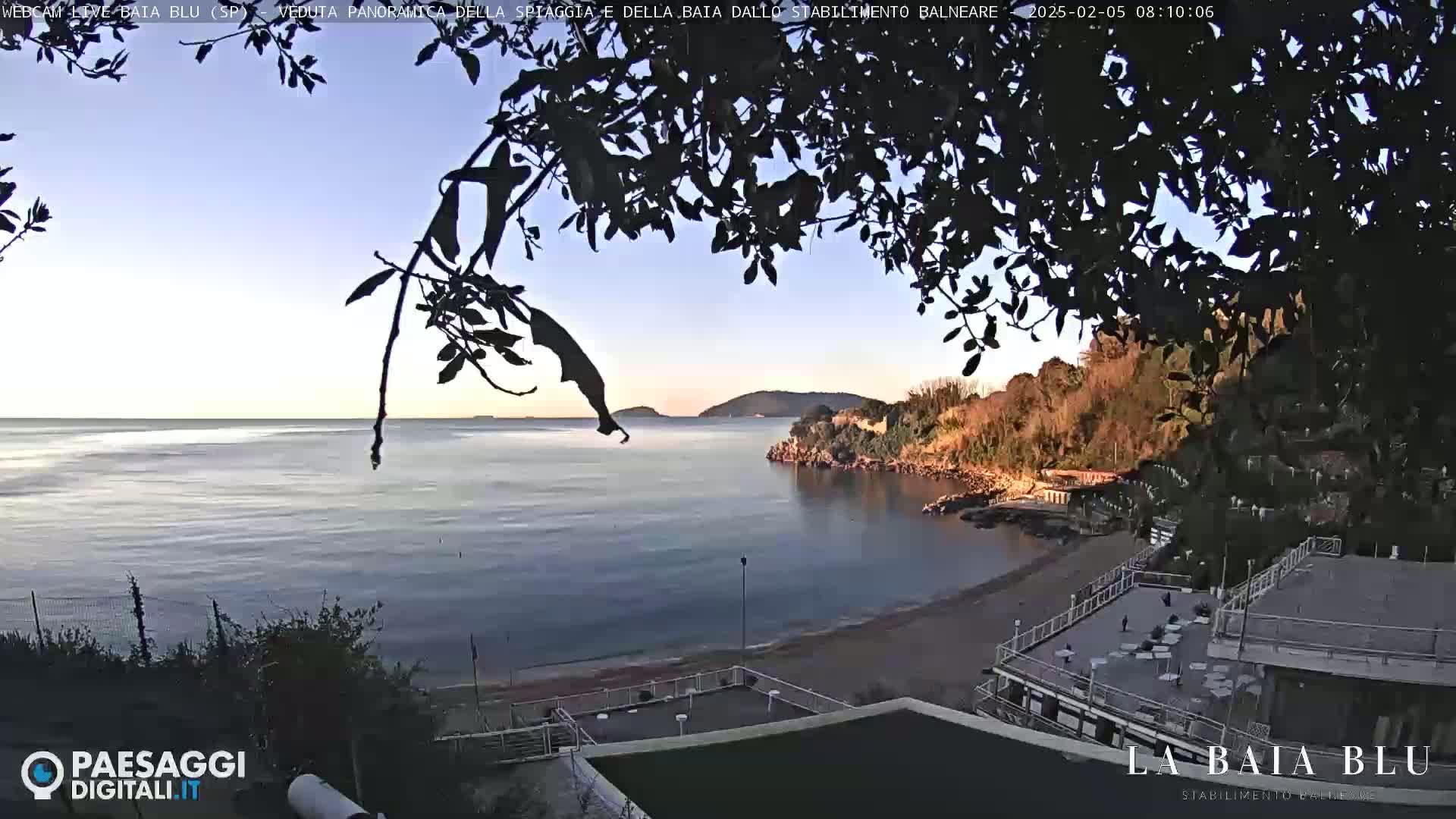 A tranquil seaside scene at dawn, viewed through overhanging branches, shows a calm bay with a sandy beach and a building on the shore.