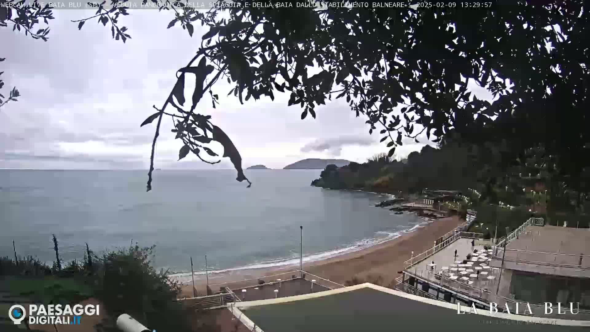 A view from behind tree branches shows a partly cloudy day overlooking a sandy beach and calm ocean bay, with buildings and some people visible along the shoreline.