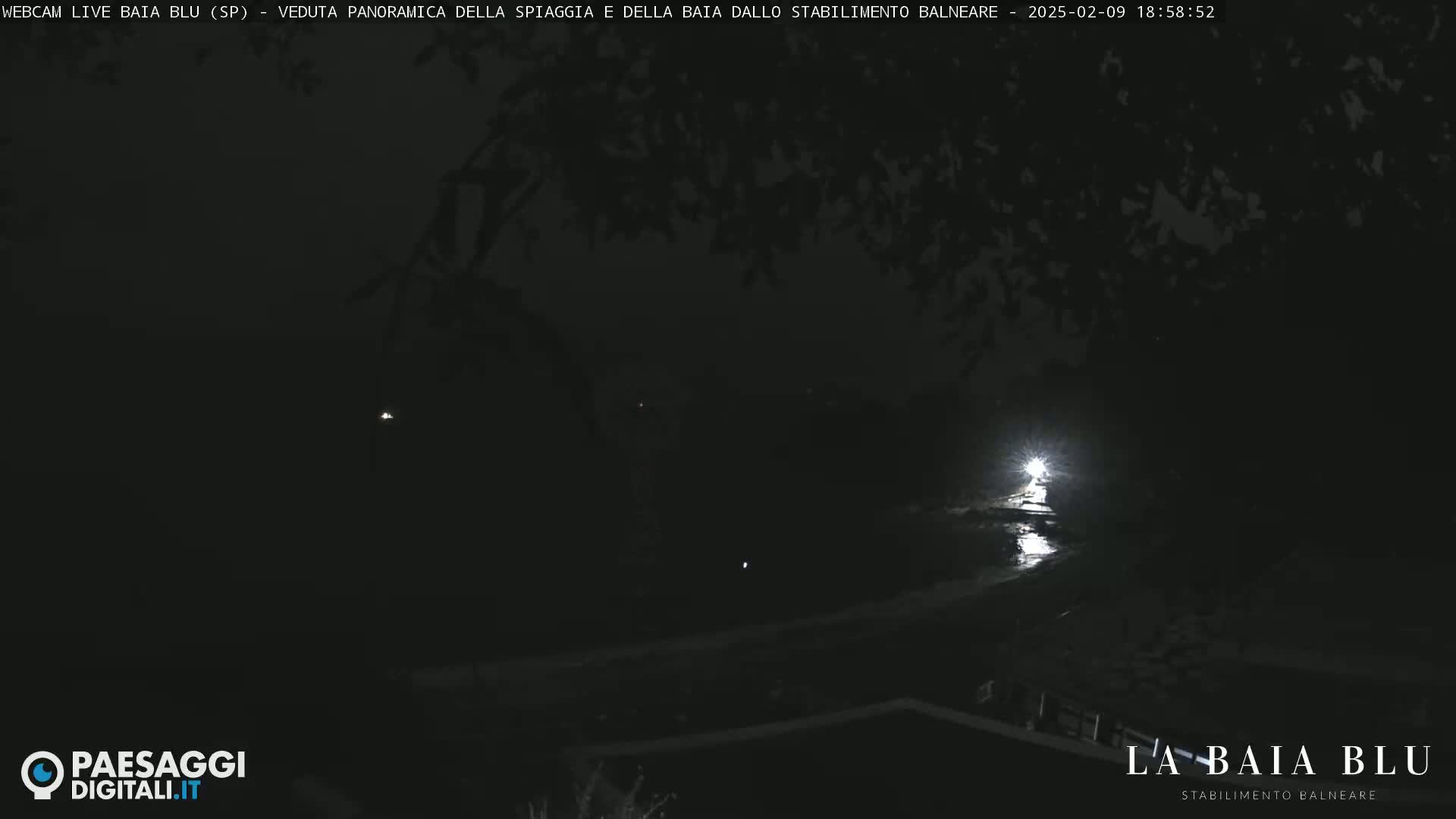 A nighttime, low-light view of a dark landscape with a single bright light source reflecting on a wet surface.