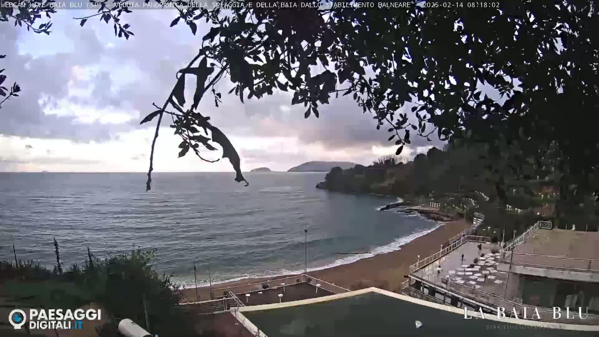 A partly cloudy day reveals a sandy beach and calm ocean with small waves lapping the shore, viewed from a slightly elevated position behind leafy branches.