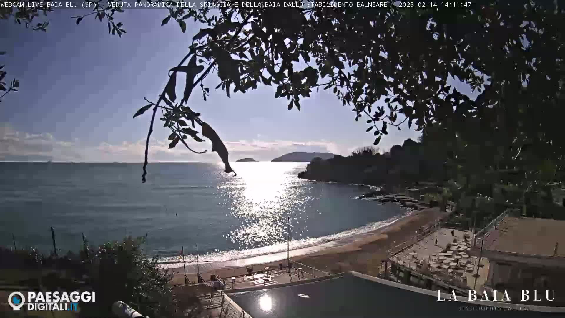 A sunny day shows a calm bay with a sandy beach and a few buildings, partially obscured by tree branches.