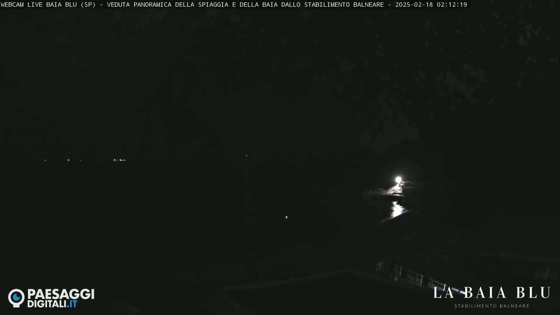A nighttime, low-light view of a dark beach and bay with a single, distant light source.