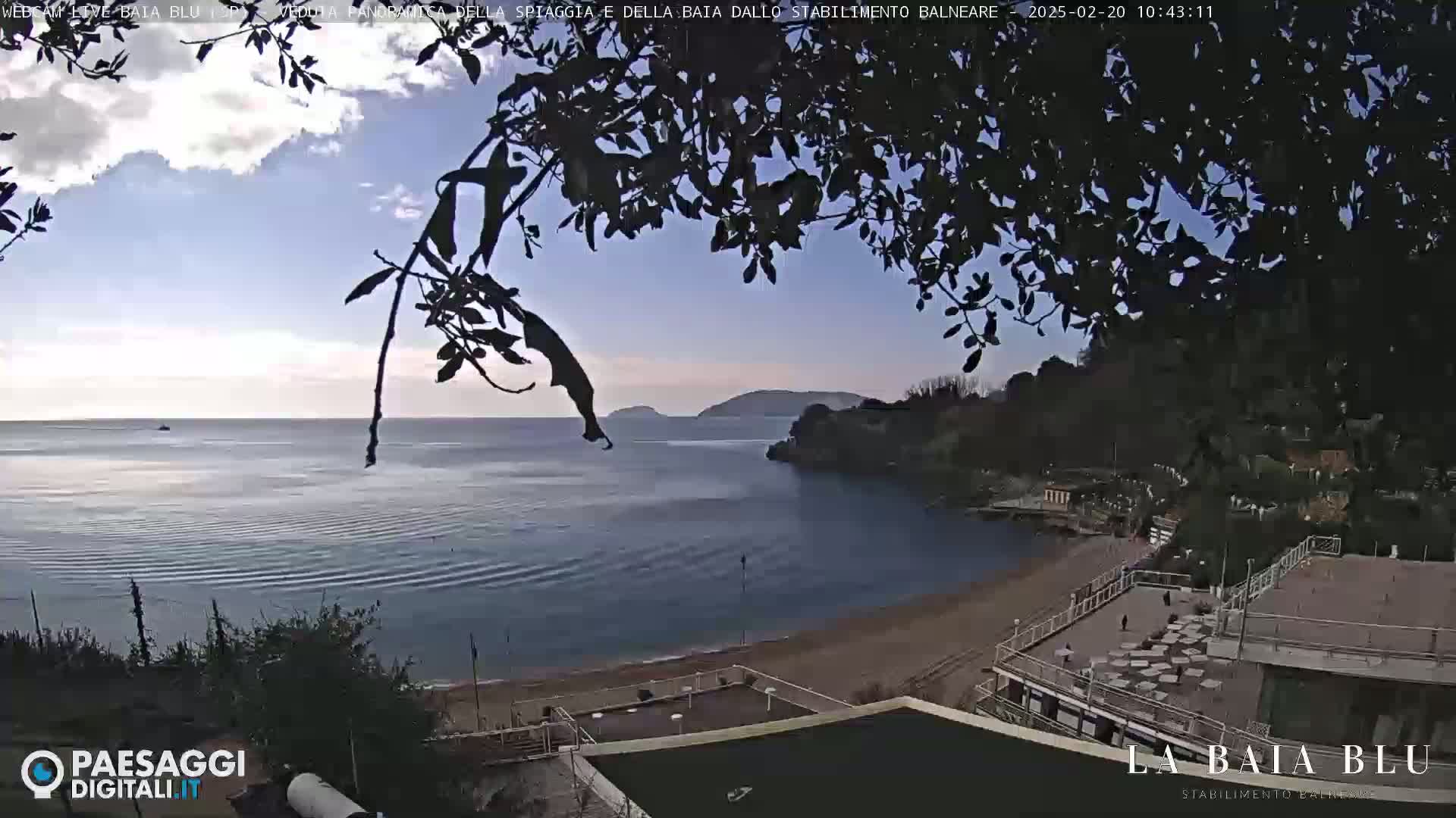 A partly cloudy day reveals a calm bay with a sandy beach and a building, viewed from above through the branches of a tree.