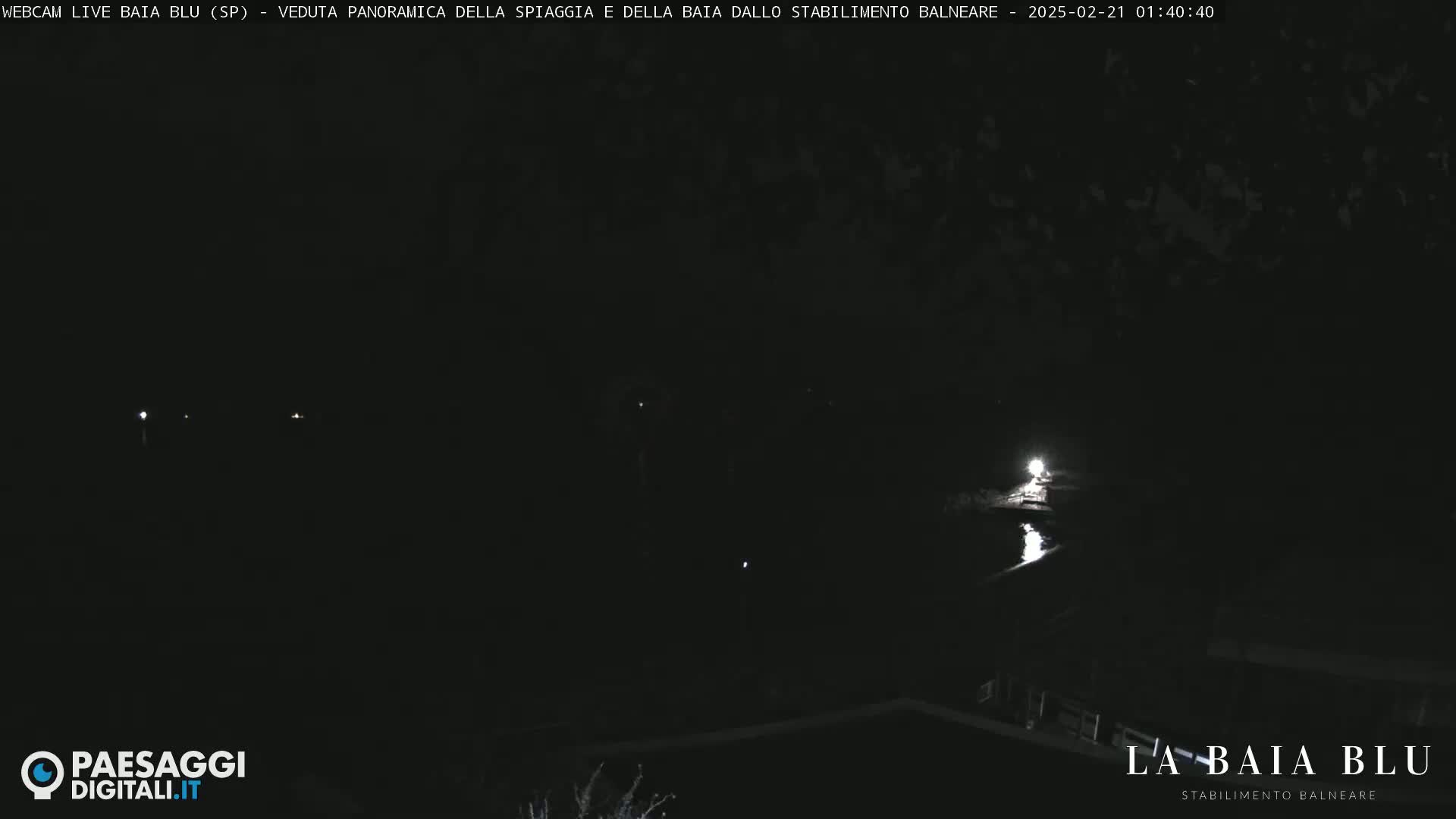 A nighttime, dark view of a beach and bay area with a few distant lights visible.
