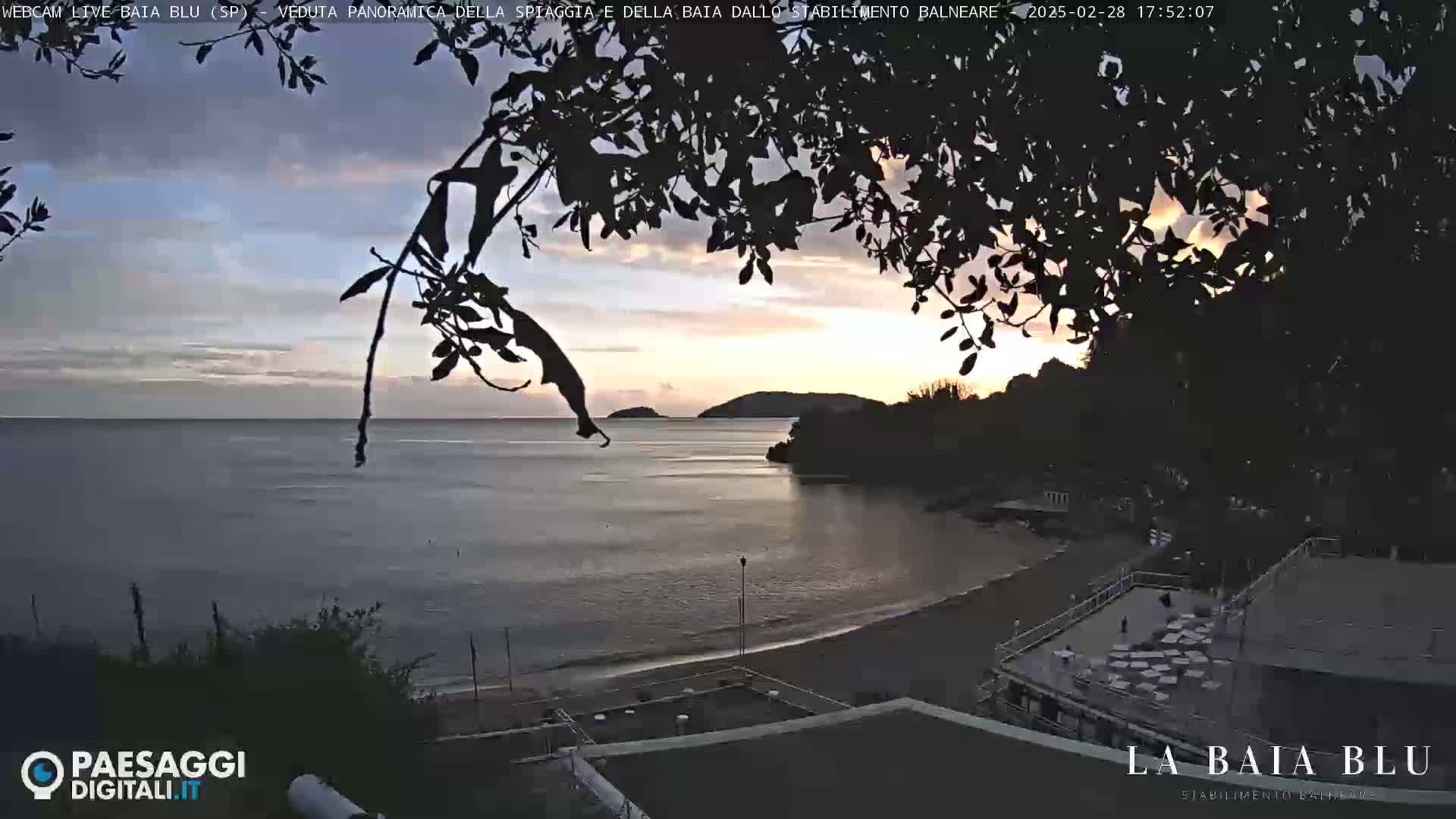A tranquil beach scene at sunset, viewed through silhouetted tree branches, shows calm water, a sandy shore, and distant hills.