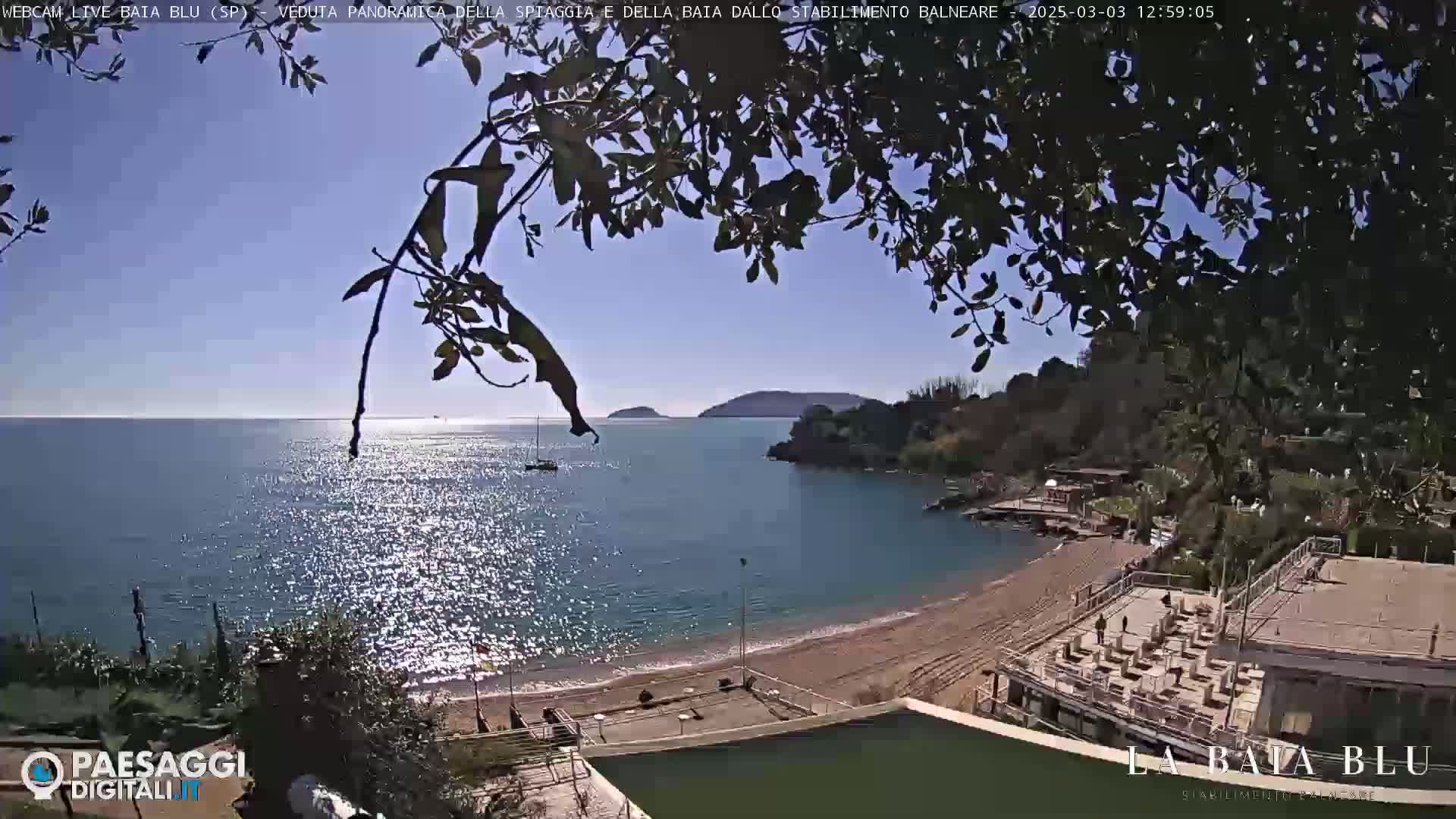 A sunny day at a sandy beach cove, viewed from behind leafy branches, shows calm, sparkling water with a small boat and distant hills.