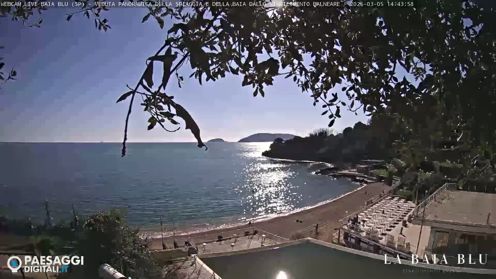 A sunny day at a sandy beach cove, partially viewed through overhanging tree branches, shows calm water reflecting sunlight, with a small building and beach chairs visible on the shore.