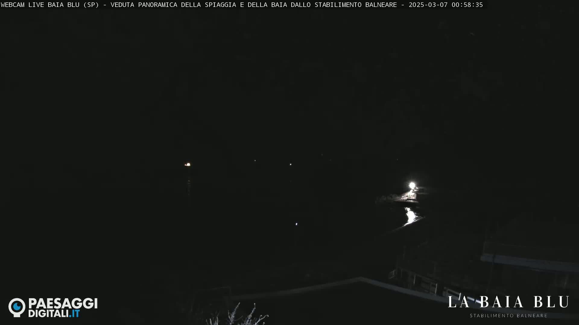 A dark nighttime view of a body of water, illuminated by several faint lights along the shoreline.