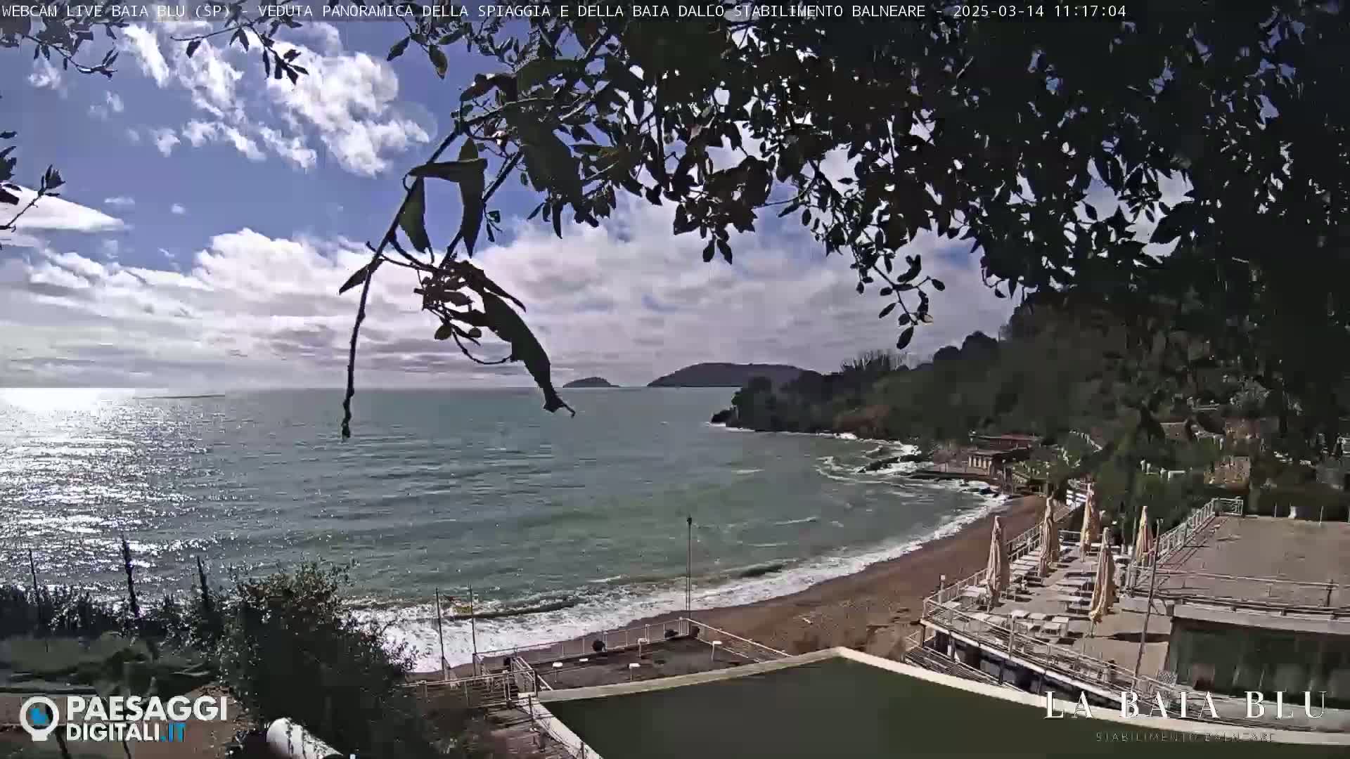 A partly sunny day at a beach with calm waves, viewed from a vantage point above a sandy shore and beach club.