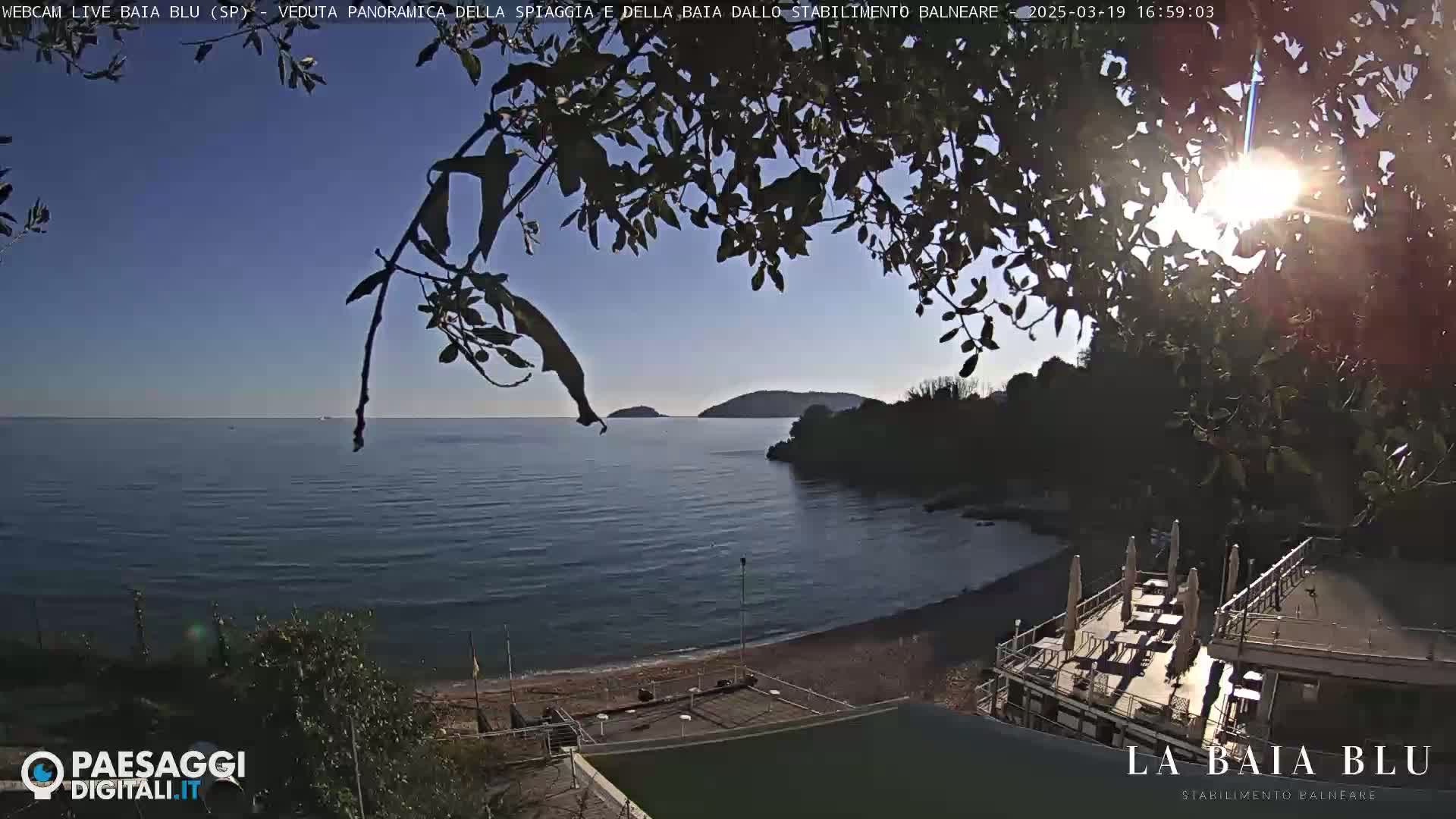 A sunny day reveals a beach with calm blue water, a shoreline with some buildings, and a partially visible tree with leaves in the foreground.