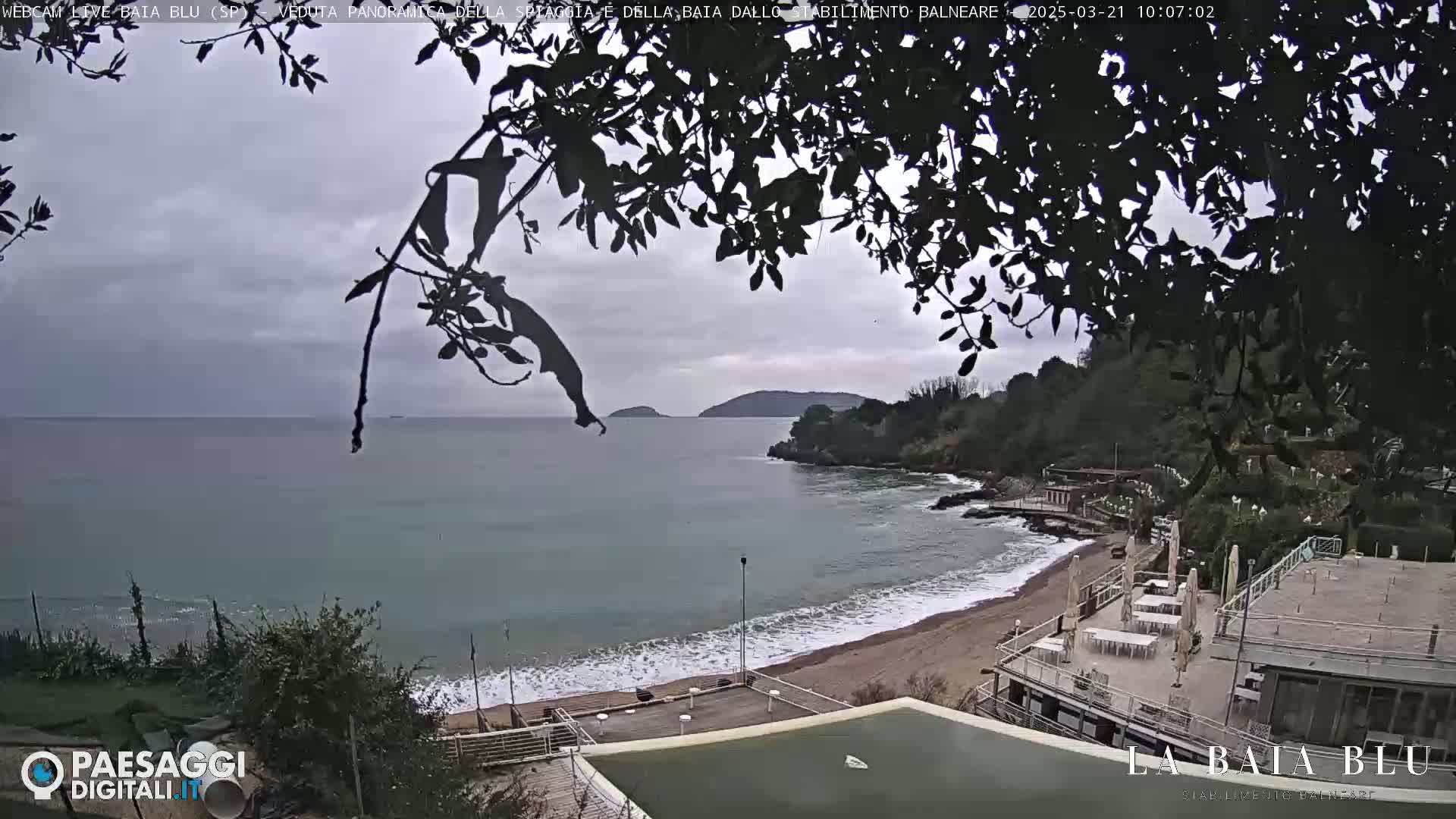 A beach with calm waves under an overcast sky is partially obscured by tree branches, with a building and other structures visible nearby.
