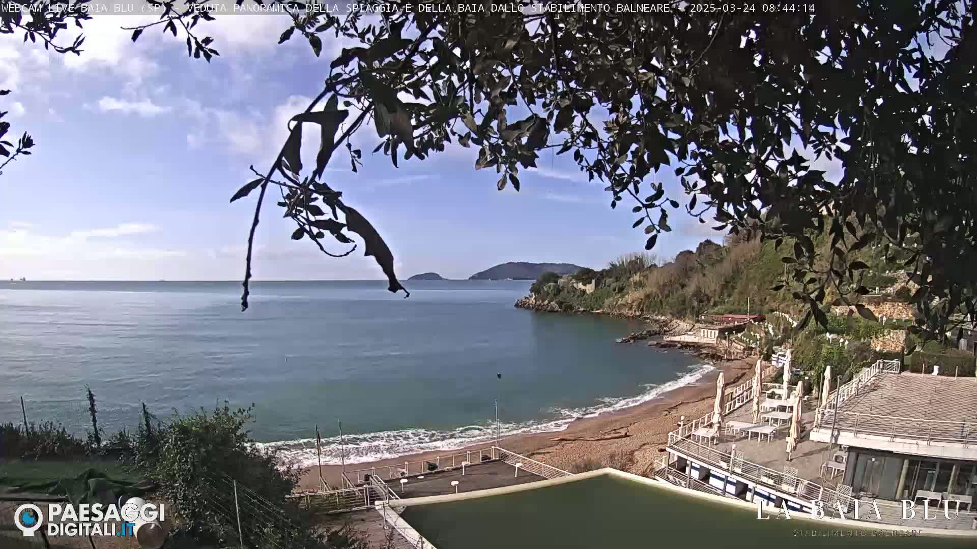 A partly sunny day at a sandy beach cove, with calm waves lapping the shore and a small hill in the background.