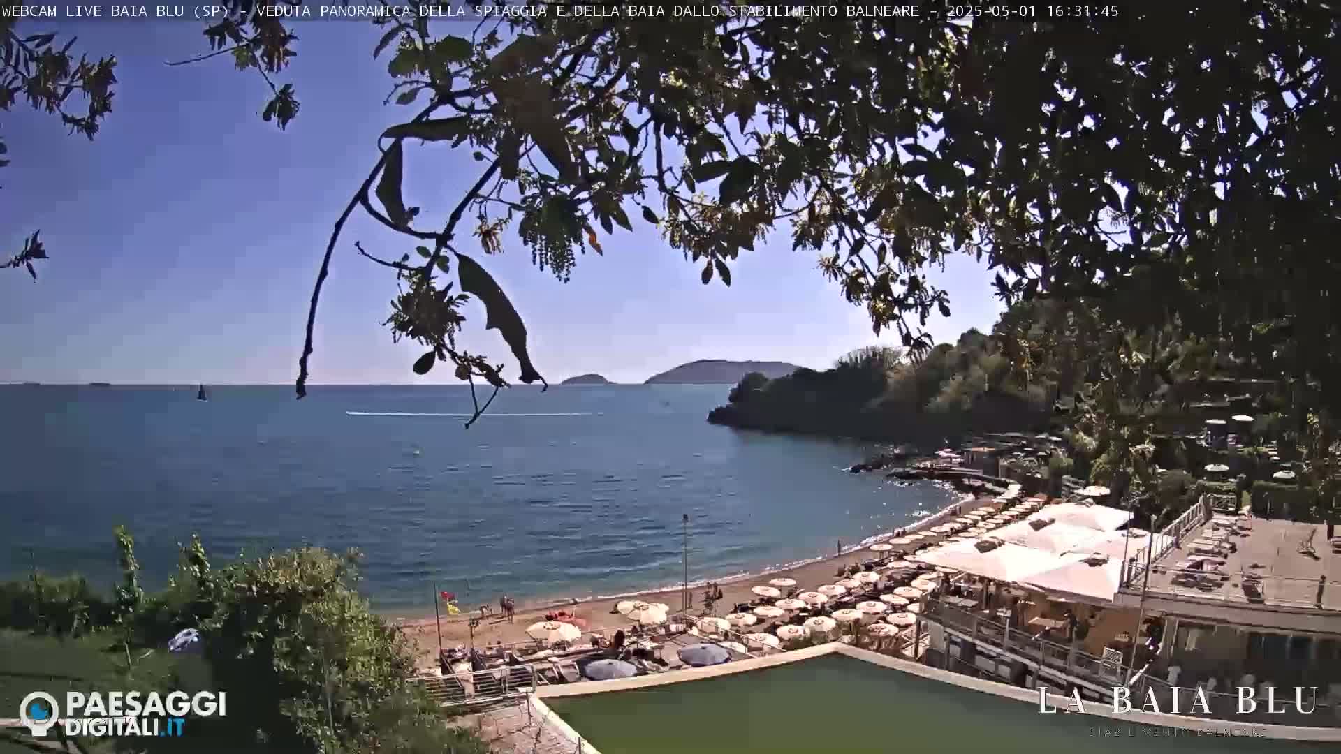 A sunny view from behind trees shows a sandy beach with umbrellas and a calm blue sea, with hills visible in the distance.