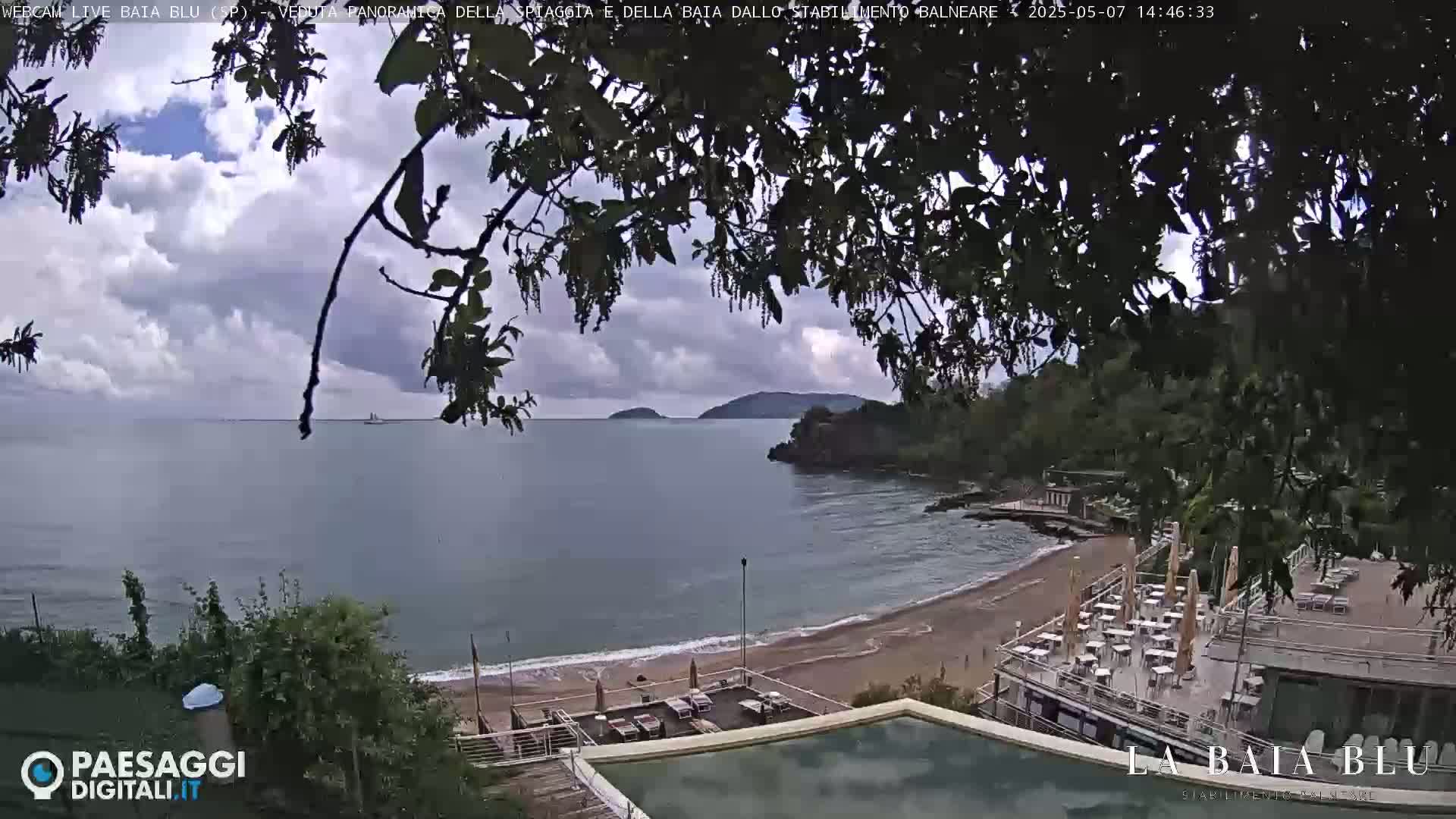 An overcast sky over a calm bay with a sandy beach, a beach club, and lush green vegetation.