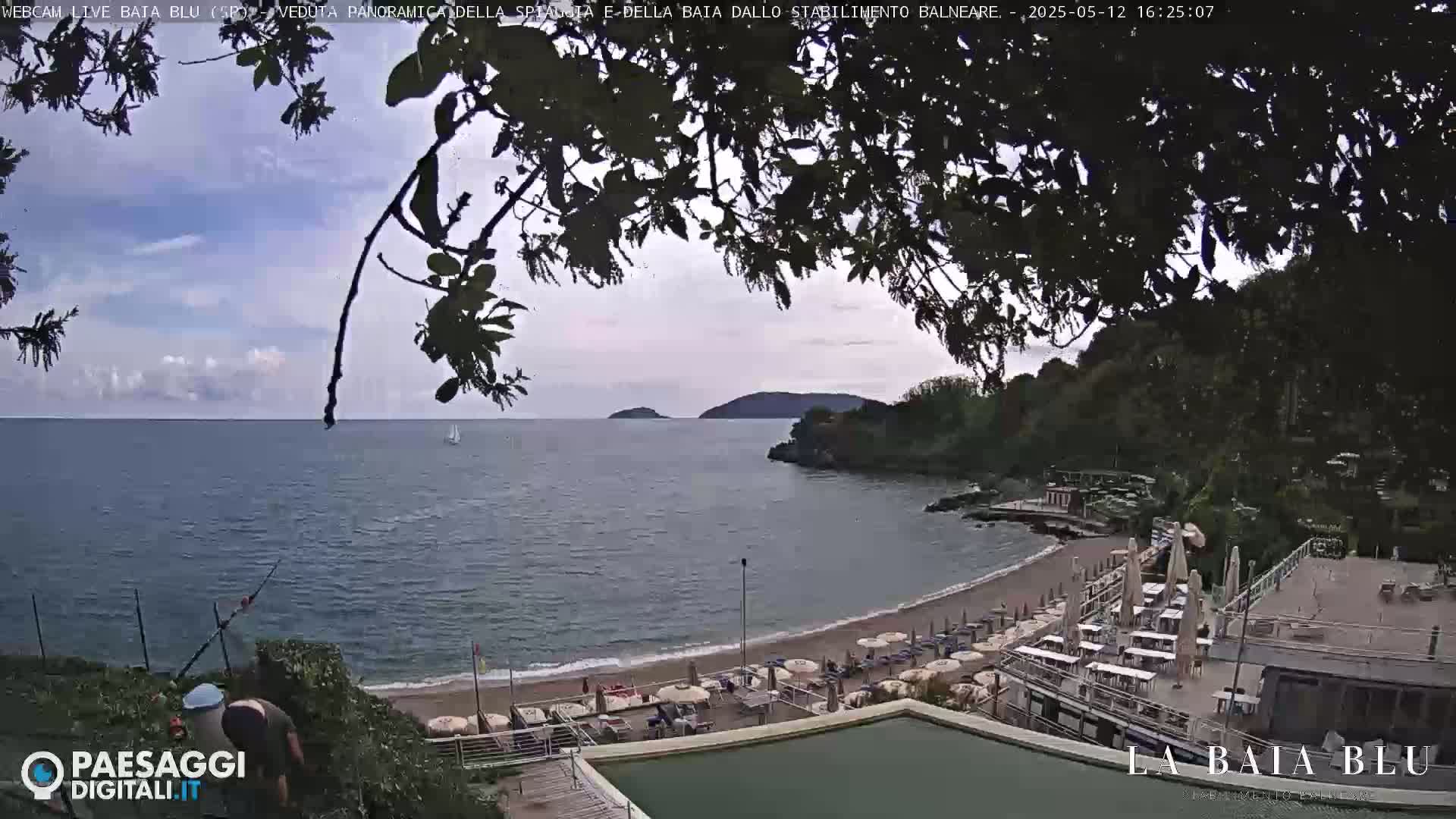 A partly cloudy day shows a beach with umbrellas and beach chairs next to a calm body of water with a small boat;  lush green hills surround the beach area.