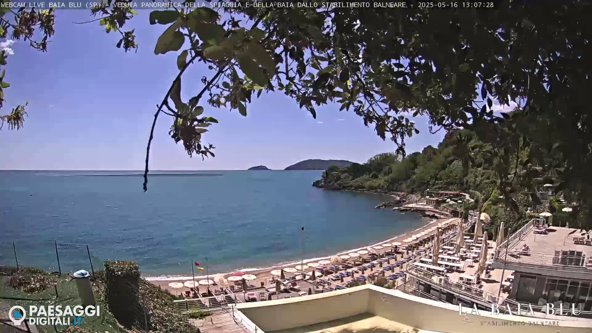 A sunny beach scene with calm blue water, numerous beach umbrellas, and green hillsides in the background, viewed from above.
