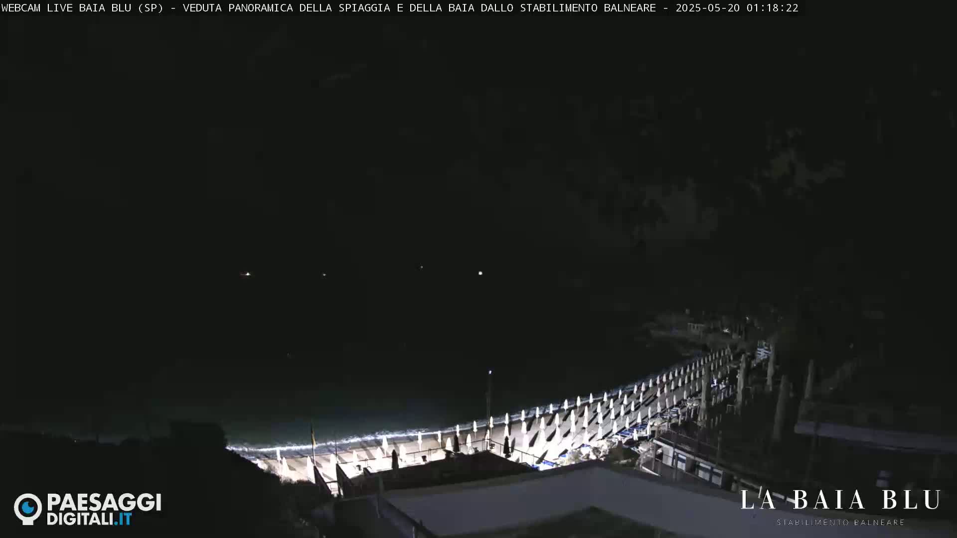 A nighttime, panoramic view of a beach with closed umbrellas and a sea wall under a dark sky.