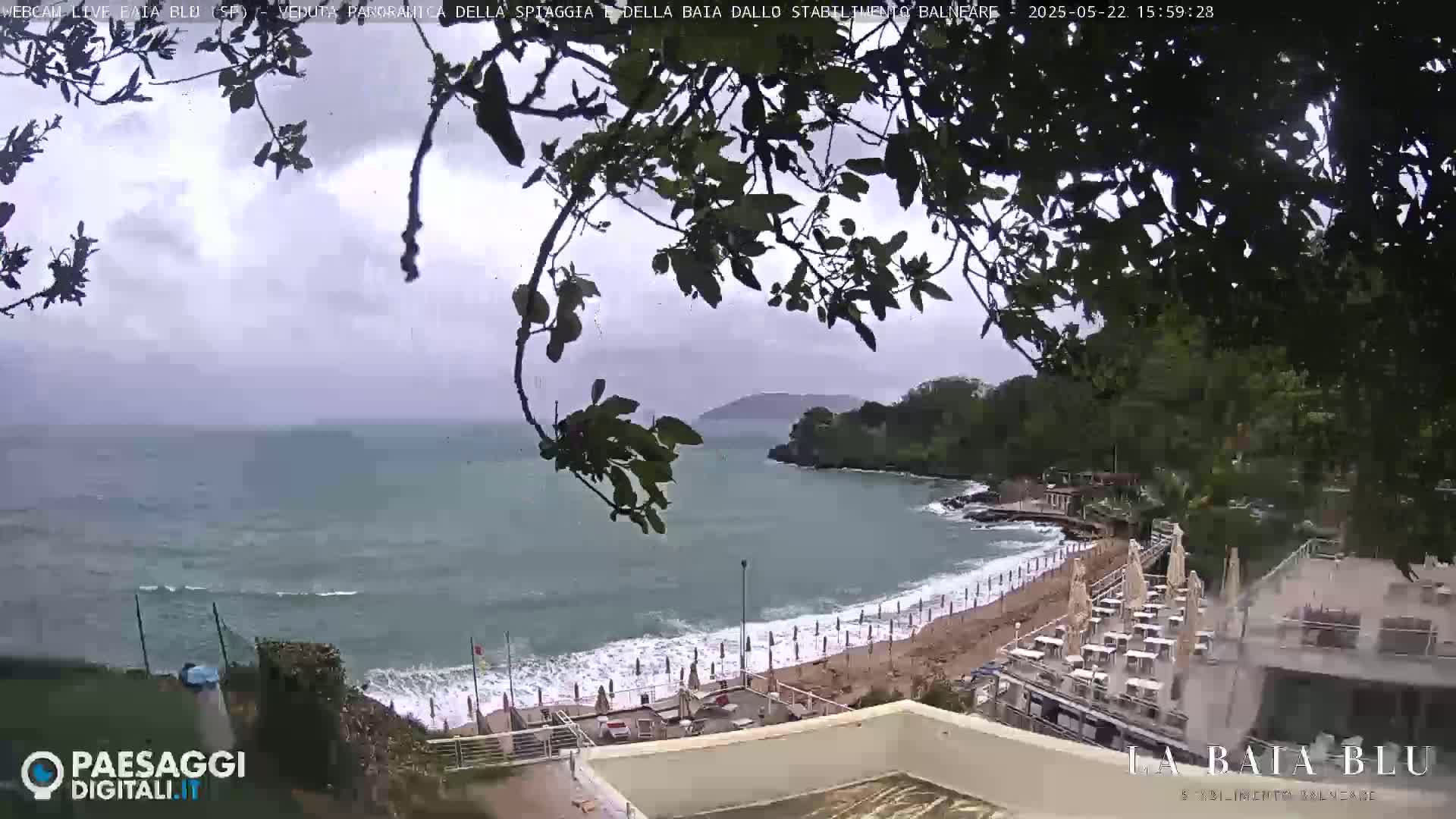 A partly cloudy day with choppy waves on a beach with beach umbrellas and chairs partially obscured by tree branches.