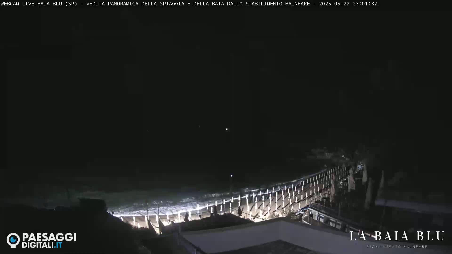 A nighttime, panoramic view of a beach with gently lapping waves and rows of beach umbrellas illuminated along a seawall.