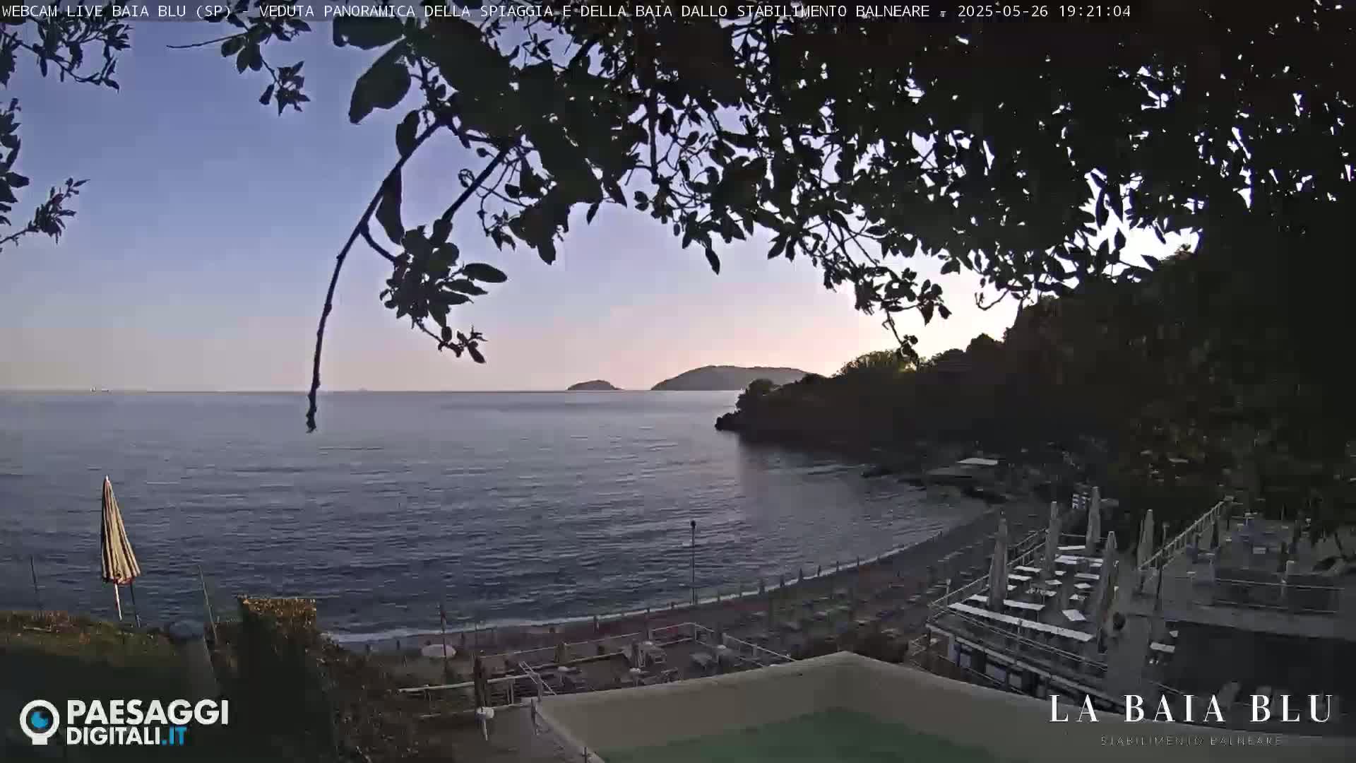 A calm, twilight-lit ocean cove with a beach, partially obscured by overhanging branches, features a seaside establishment with outdoor seating.