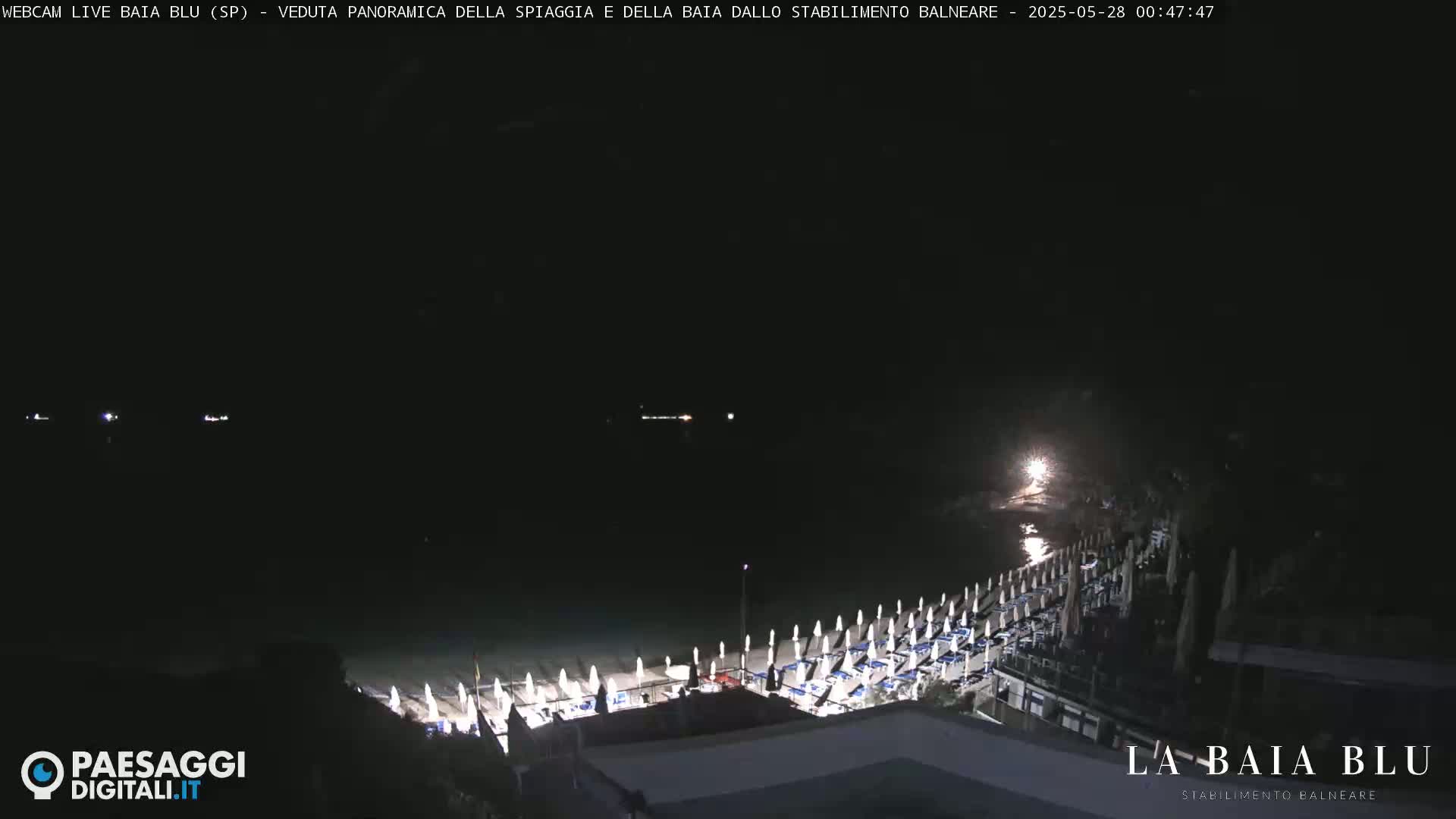 A nighttime, aerial view of a beach with rows of closed umbrellas and chairs along the shoreline.