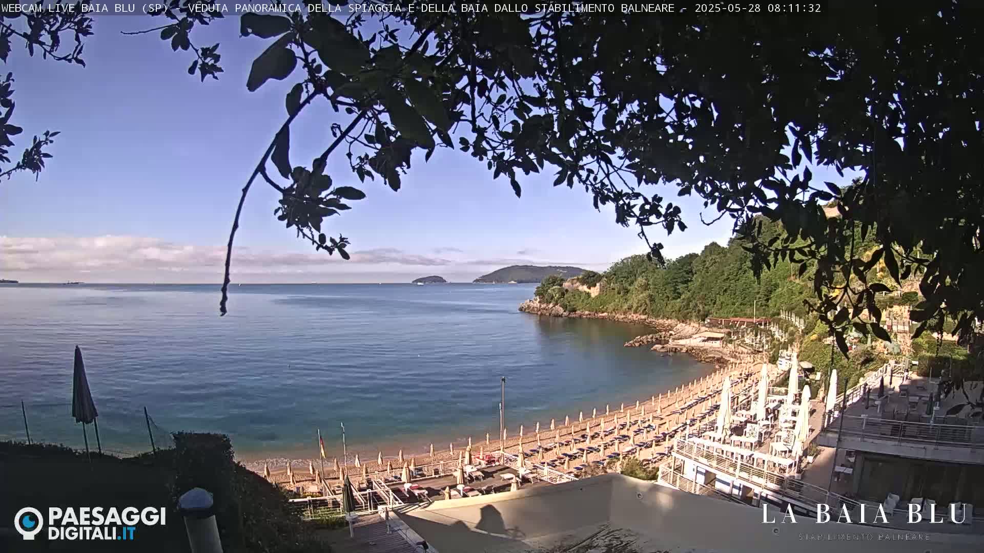 A partly sunny day overlooking a calm bay with a sandy beach lined with umbrellas and beach chairs, partially obscured by tree branches in the foreground.